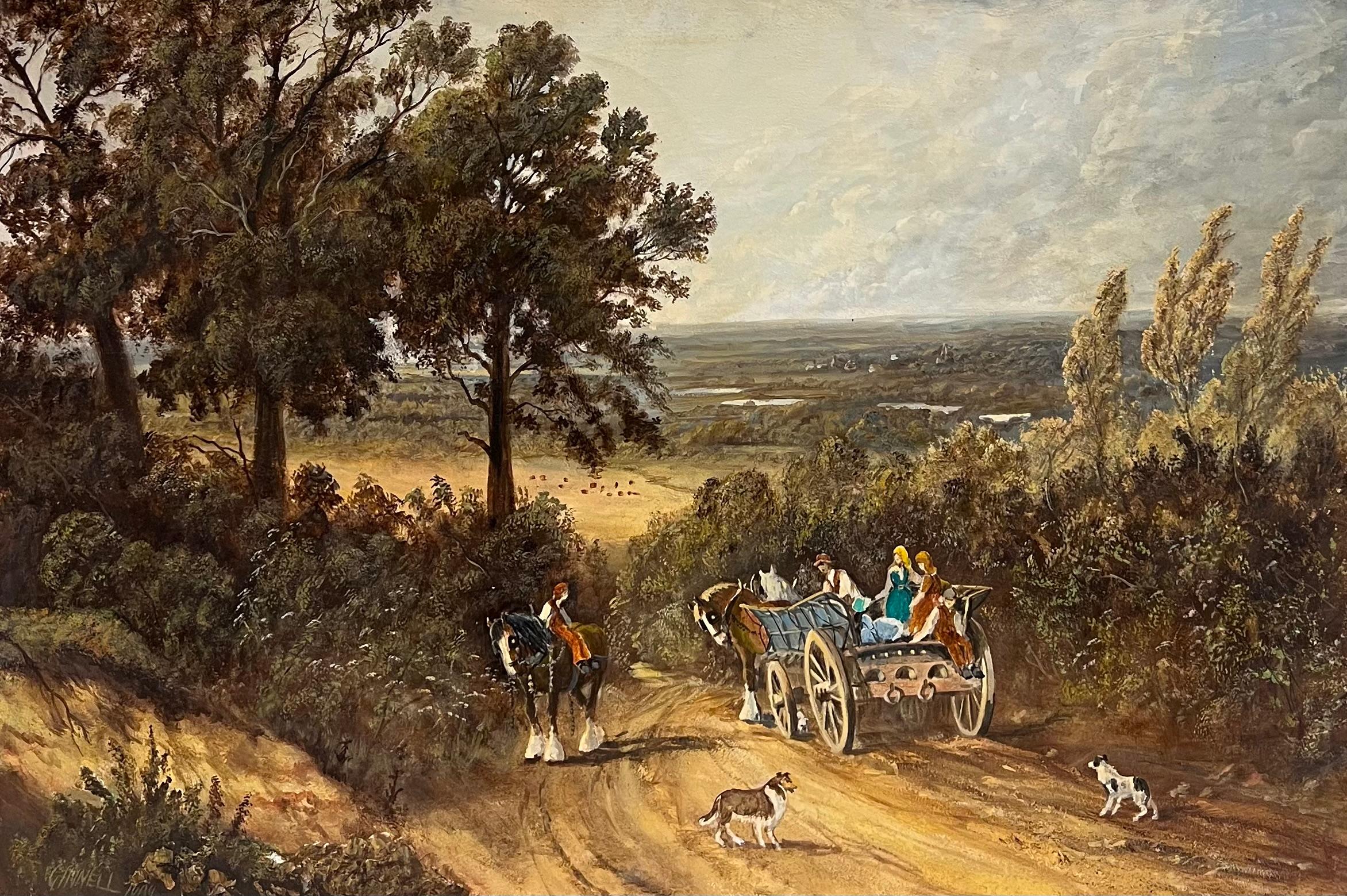Paysage rural anglais traditionnel Cheval et charrette avec personnages et chien Grande huile - Painting de John Ginnell