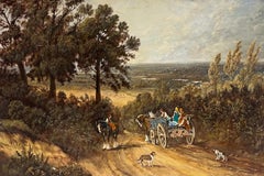 Paysage rural anglais traditionnel Cheval et charrette avec personnages et chien Grande huile