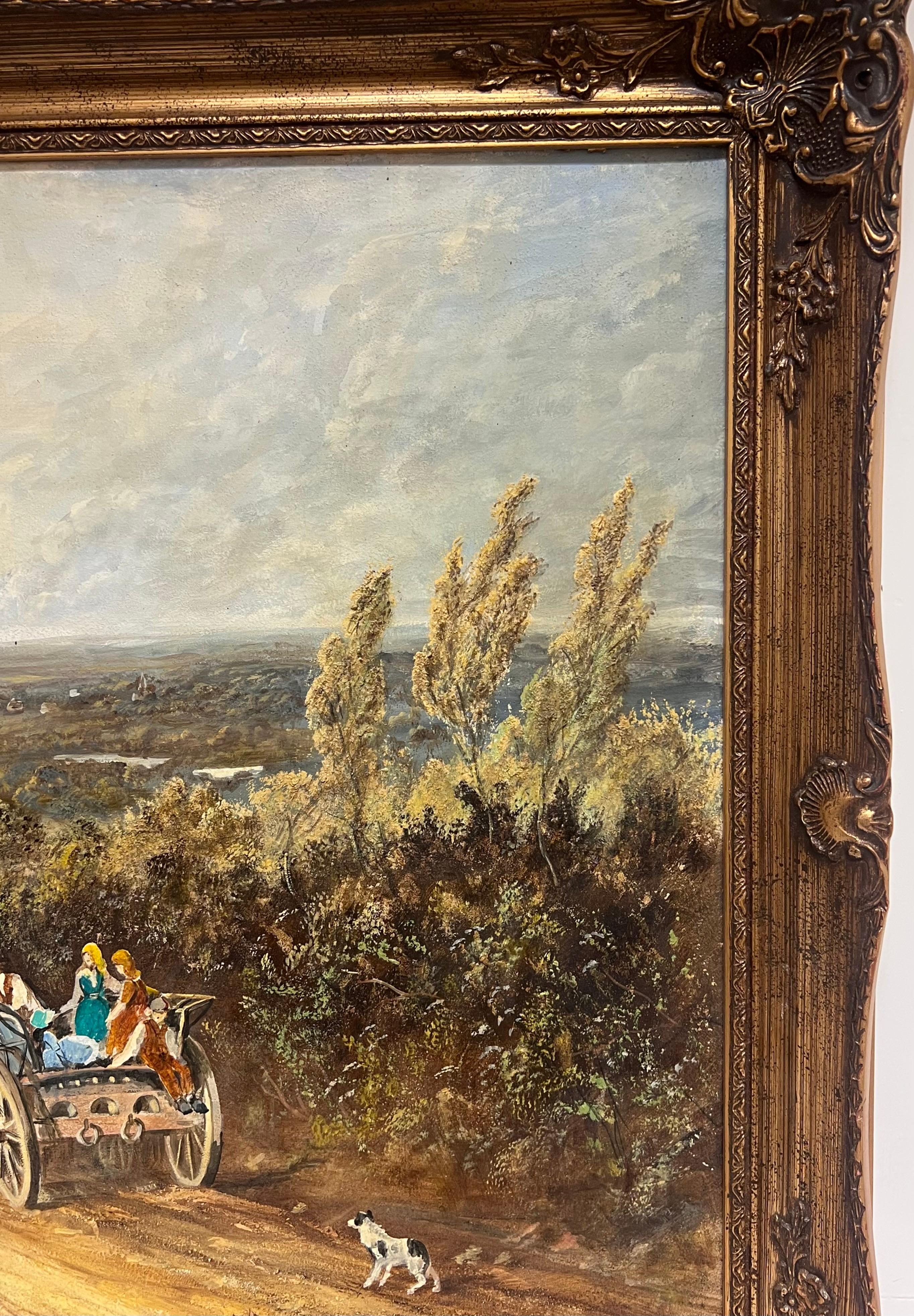 Paysage rural anglais traditionnel Cheval et charrette avec personnages et chien Grande huile - Marron Figurative Painting par John Ginnell
