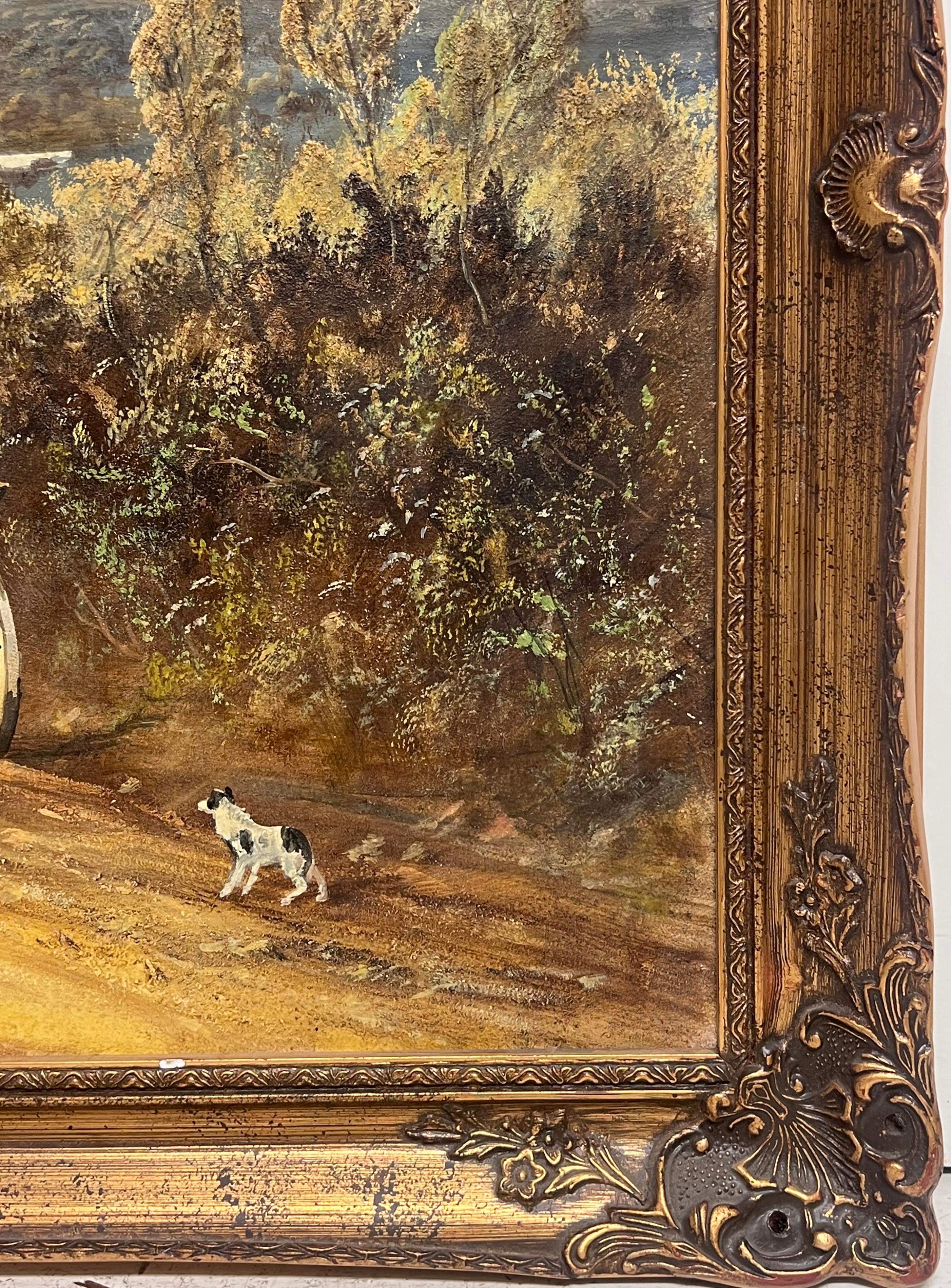 Paysage rural anglais traditionnel Cheval et charrette avec personnages et chien Grande huile en vente 1
