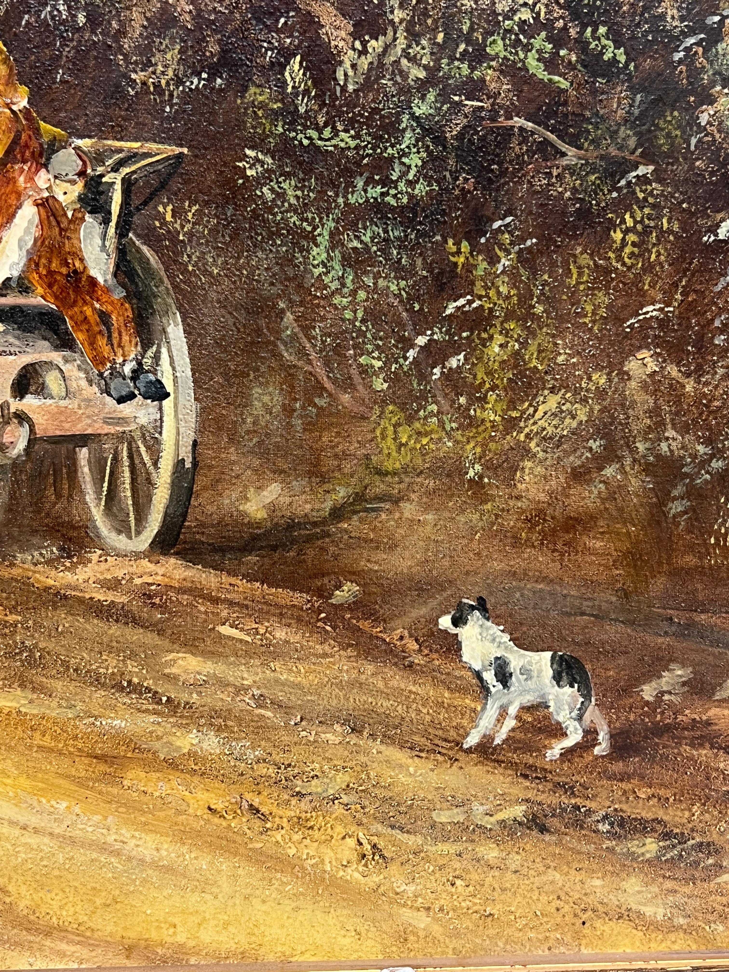 Paysage rural anglais traditionnel Cheval et charrette avec personnages et chien Grande huile en vente 3