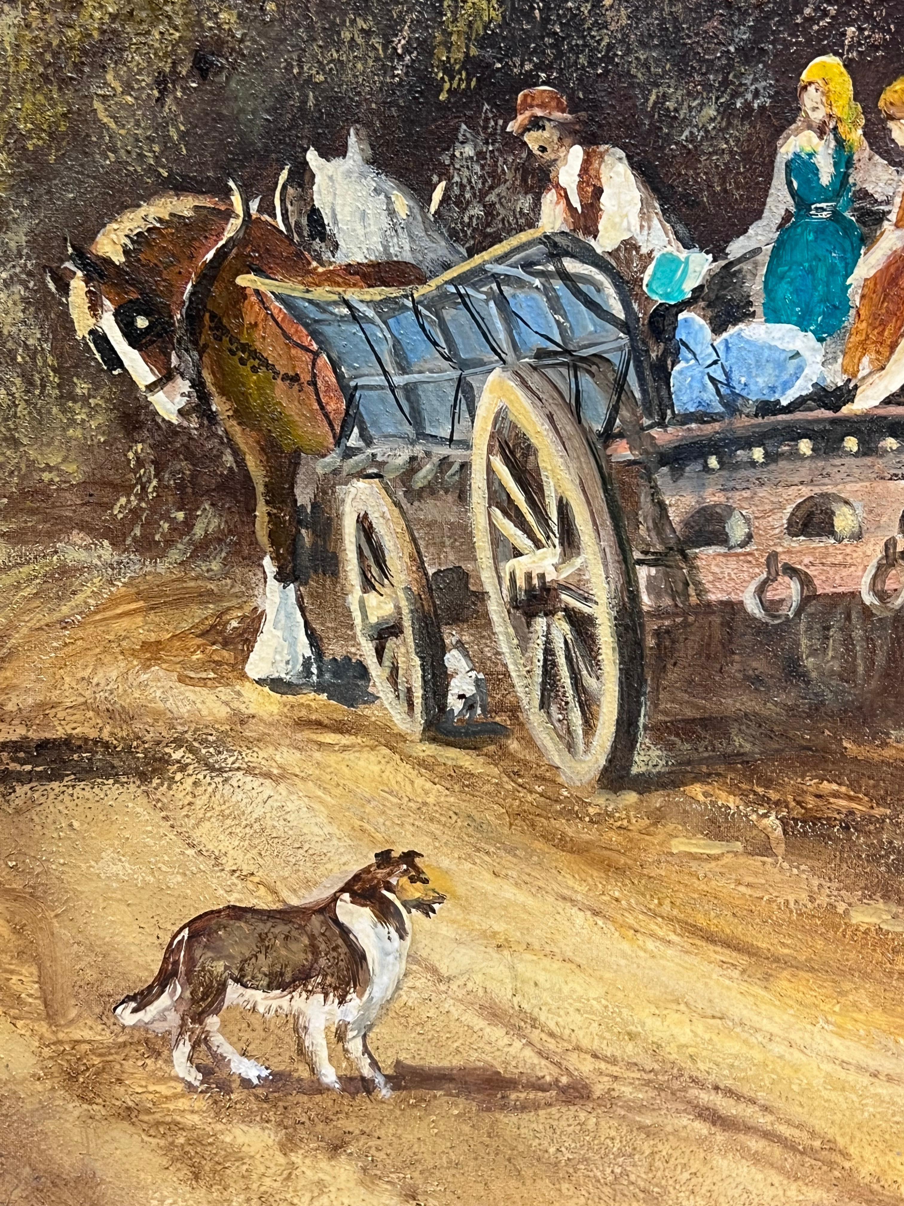 Paysage rural anglais traditionnel Cheval et charrette avec personnages et chien Grande huile en vente 4