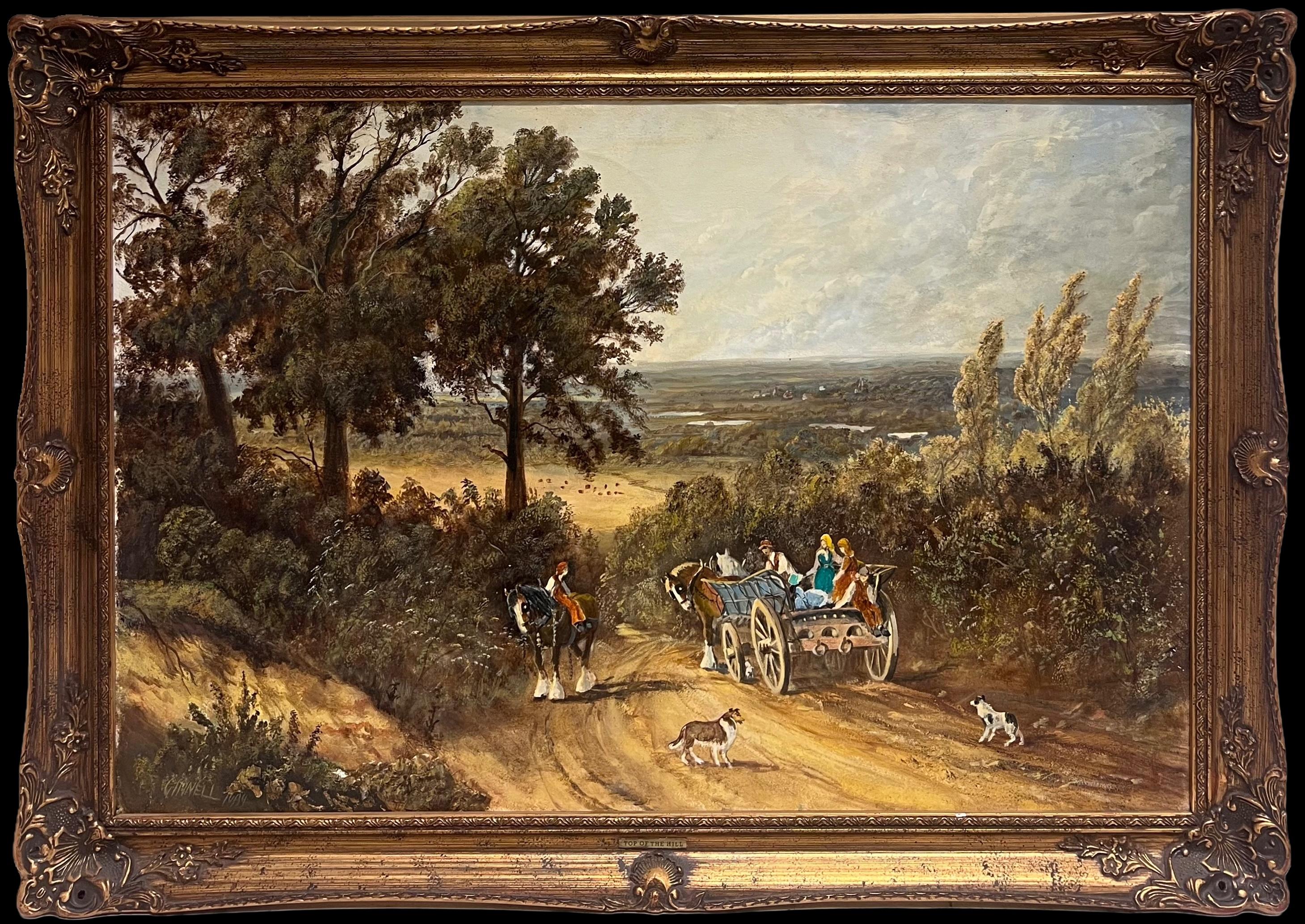 Figurative Painting John Ginnell - Paysage rural anglais traditionnel Cheval et charrette avec personnages et chien Grande huile