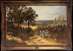 Traditionelle englische Landschaft Pferd & Wagen mit Figuren & Hund Großes Öl