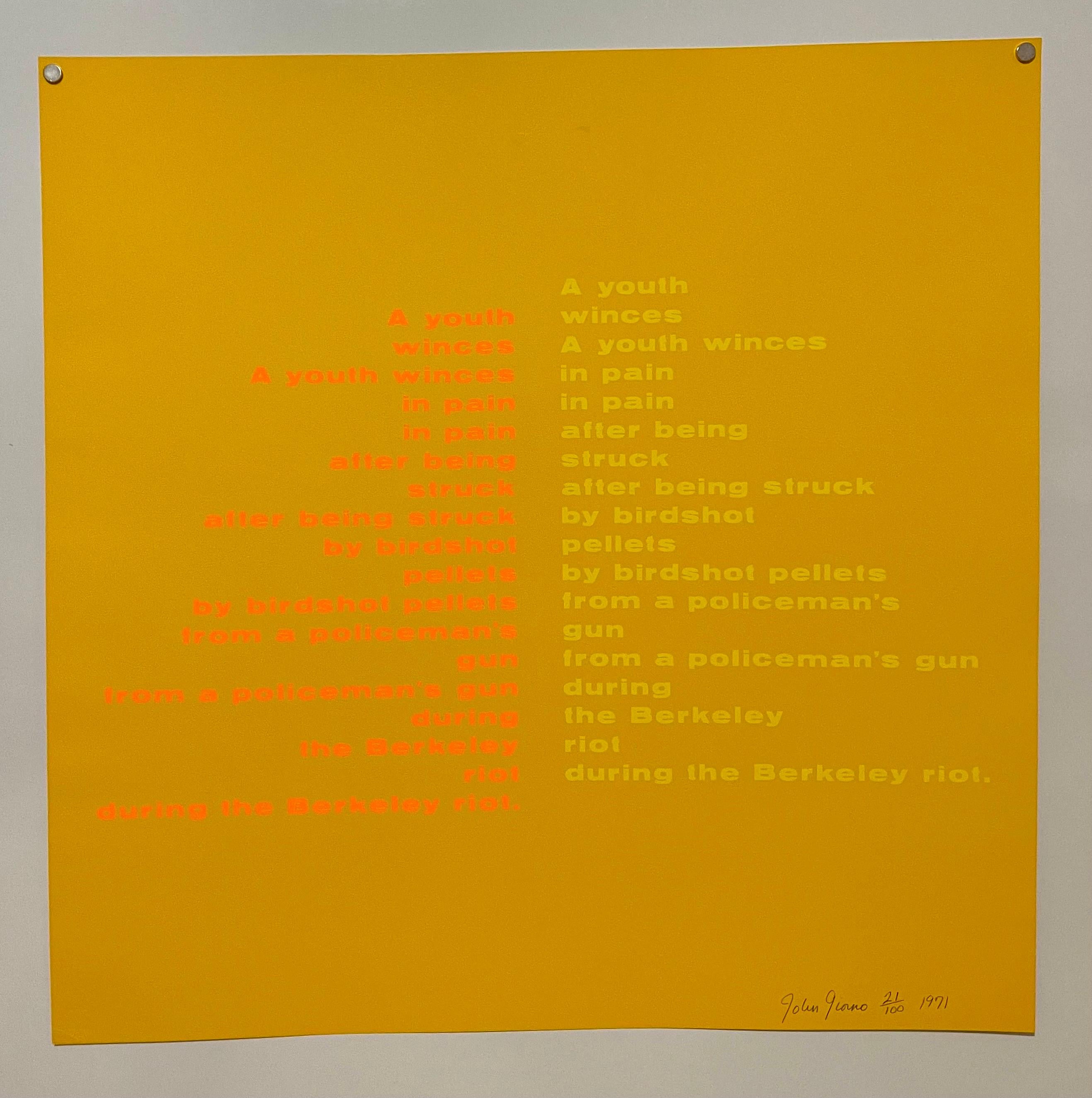 Johannes Giorno
Auf der Bowery, 1969 - 1971 
siebdruck auf Schoeller
s Parole Papier, Auflage 100 + 20 A.P.
25.5 x 25,5 Zoll, signiert, nummeriert 21/100
Siebdruck in Farbe auf Velinpapier
Handsigniert,  erschienen bei Edition Domberger, Bonlanden,