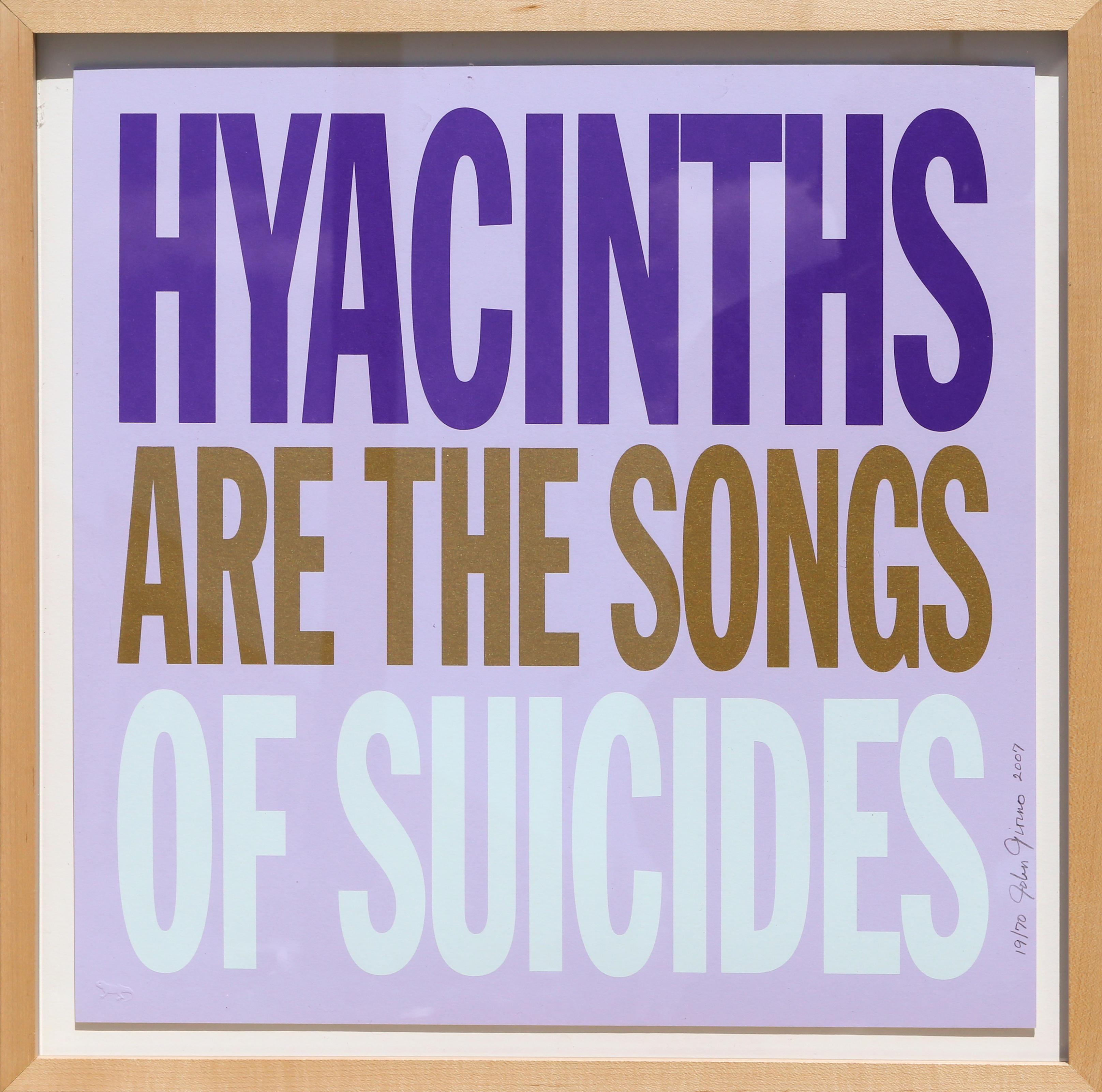 Artiste : John Giorno
Titre : Les jacinthes sont les chansons des suicidés
Portfolio : Accueillir les fleurs
Date : 2007
Sérigraphie, signée, numérotée et datée au crayon
Edition de 19/70
Taille : 16,5 x 16,5 in. (41,91 x 41,91 cm)
Taille du cadre :