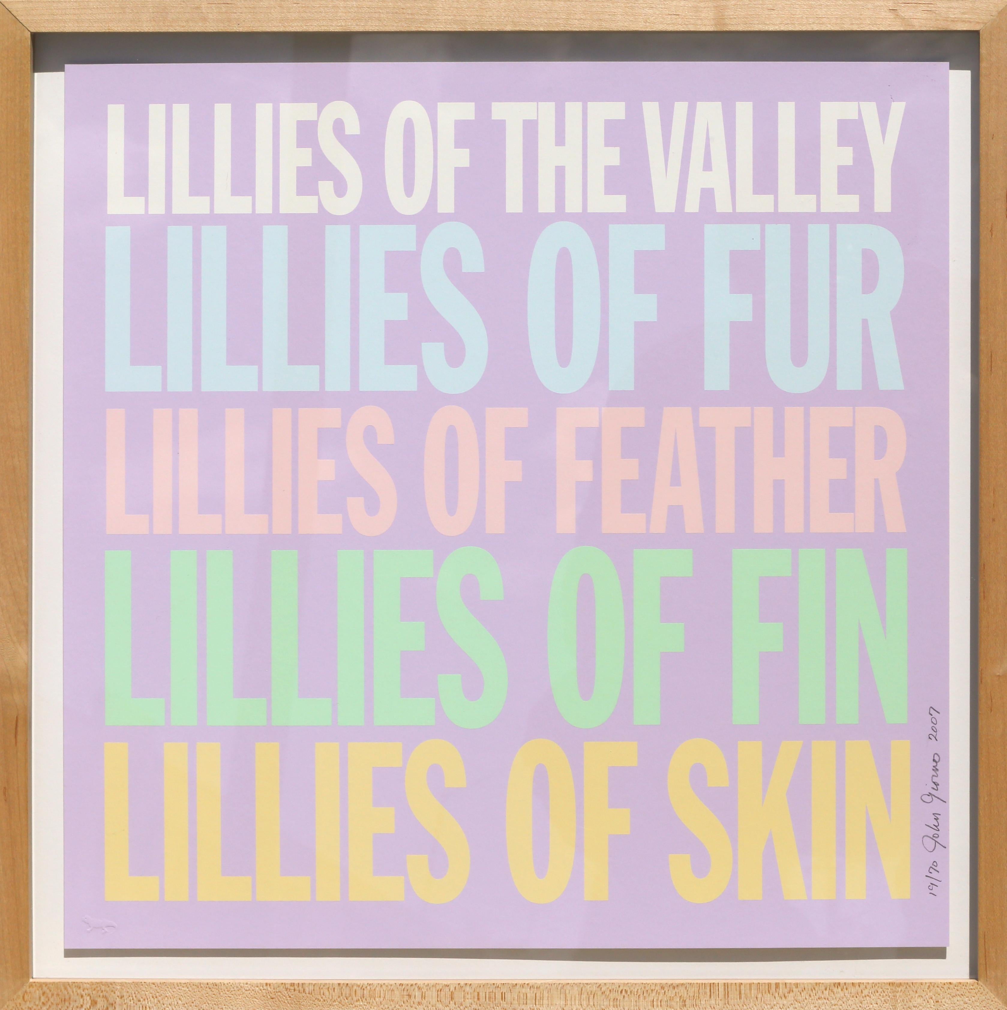 Artist: John Giorno
Title: Lillies of the Valley
Portfolio: Welcoming the Flowers
Date: 2007
Screenprint, signed, numbered, and dated in pencil
Edition of 19/70
Size: 16.5 x 16.5 in. (41.91 x 41.91 cm)
Frame Size: 18.75 x 18.75 inches
Publisher: