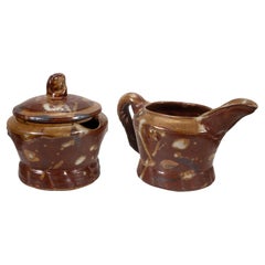 John Glick Azucarero y cremera de cerámica de gres estampados Plum Tree Pottery