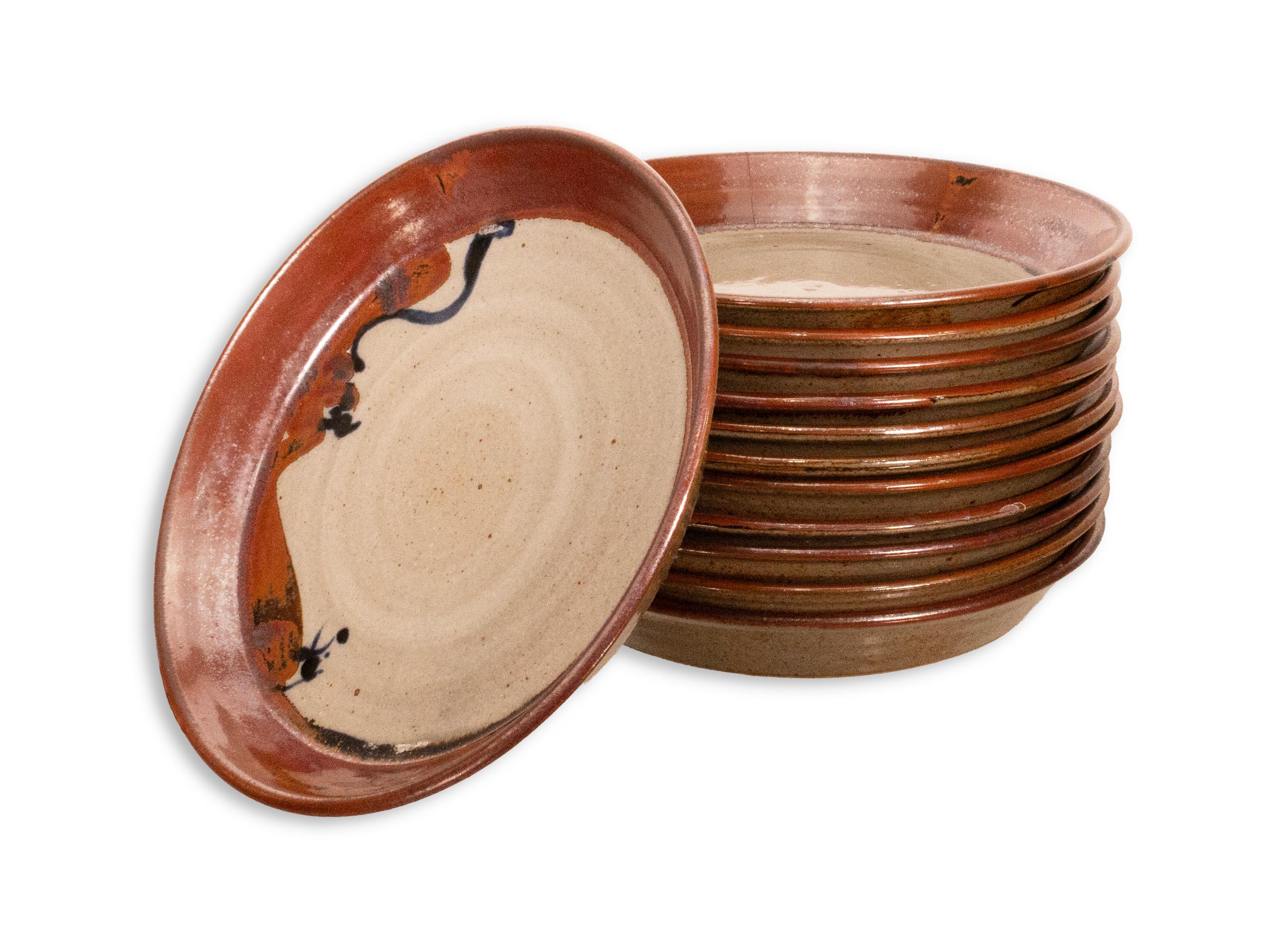 Pottery John Glick Signed Set of 12 Plates Modernist Stoneware Glazed Ceramics Plum Tree