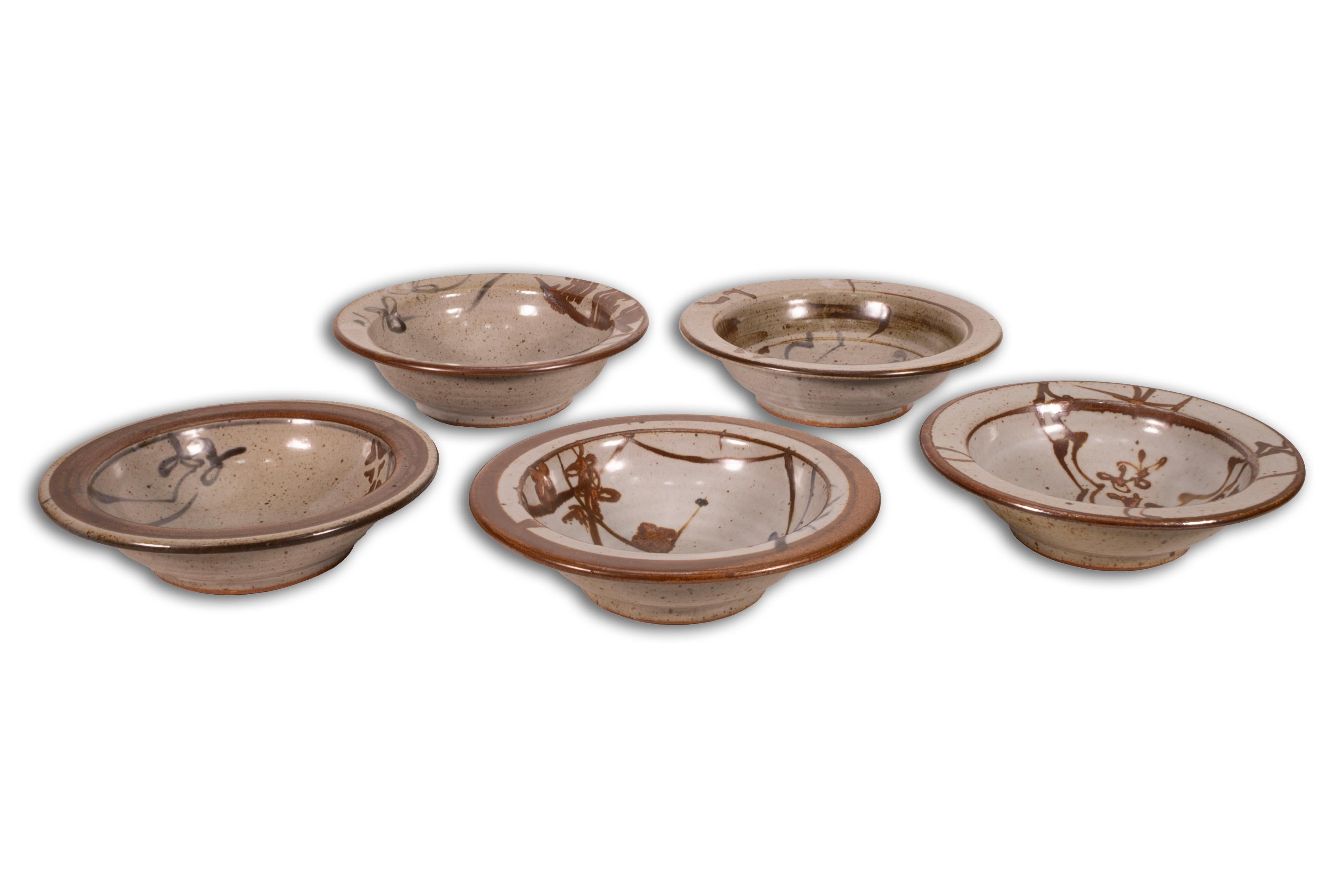 20th Century John Glick Signed Set of 5 Bowls Modernist Stoneware Glazed Ceramics Plum Tree For Sale