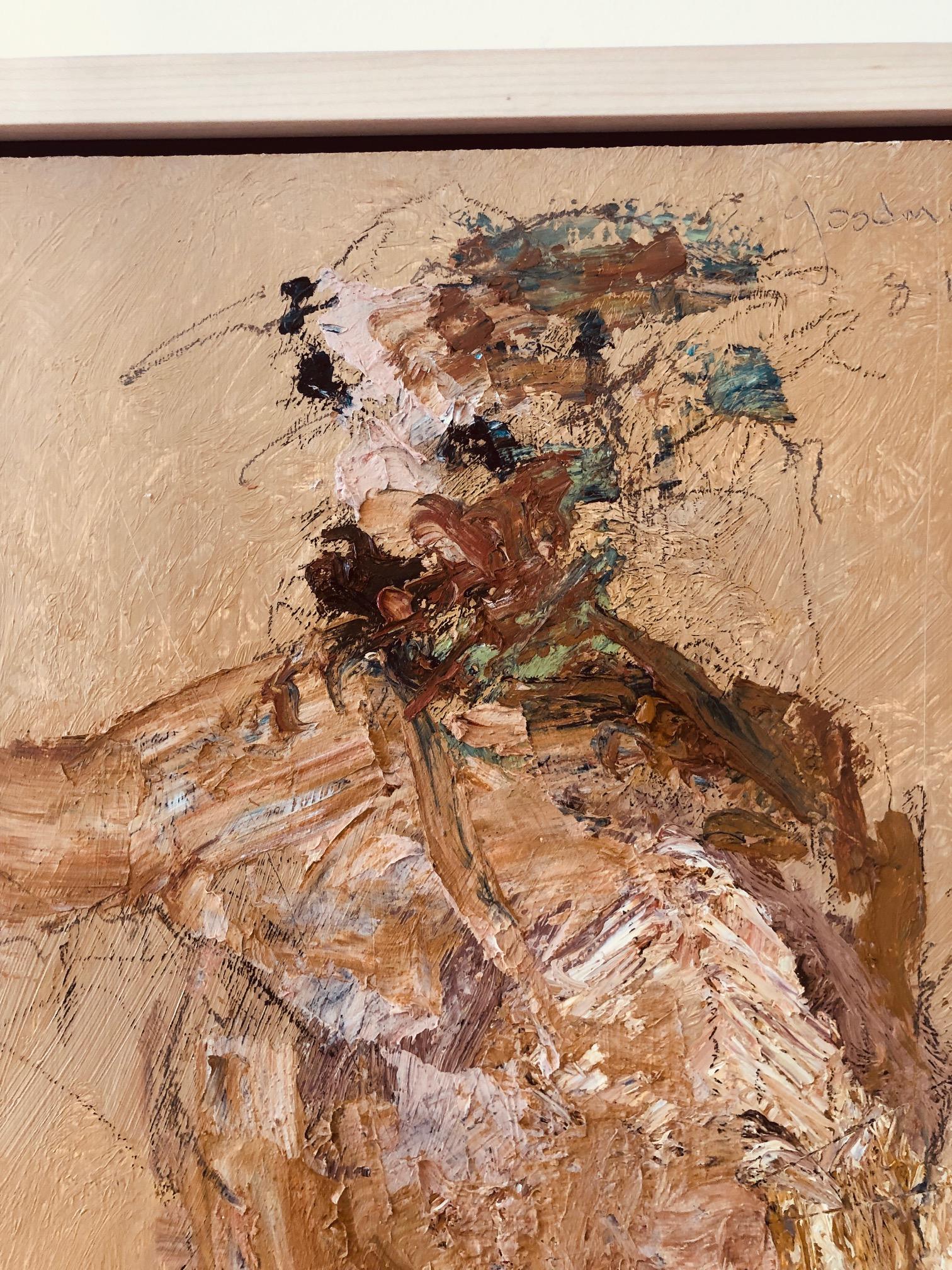 Figure No. 4, 2019' is a striking and bold work depicting a figure in warm, natural tones. Painterly, abstract expressionist portrait painted on thin panel by John Goodman, whose paintings, drawings, and sculptures are a dichotomy of understated