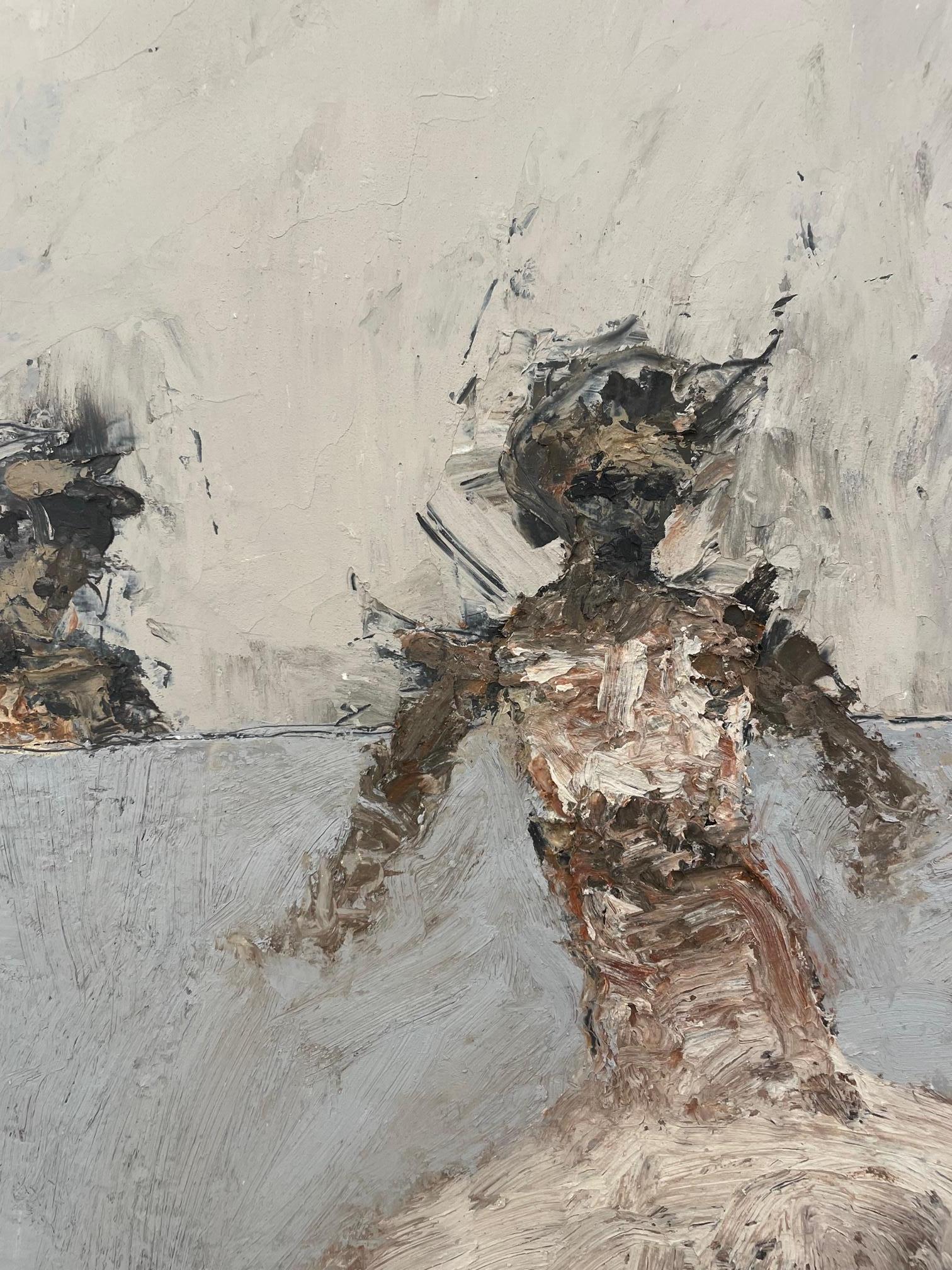 Due figure con cane - Abstract Painting Beige di John Goodman