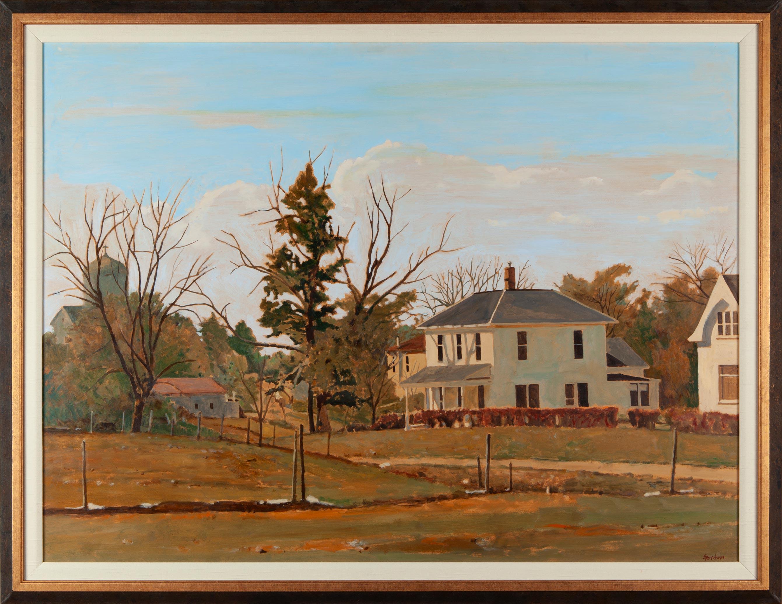 John Gordon
Signed recto, oil painting on canvas
John Gordon was an American painter working in the mid- to late twentieth century, known for landscape compositions that emphasize light, atmosphere, and a quiet sense of place. In Near the Church,