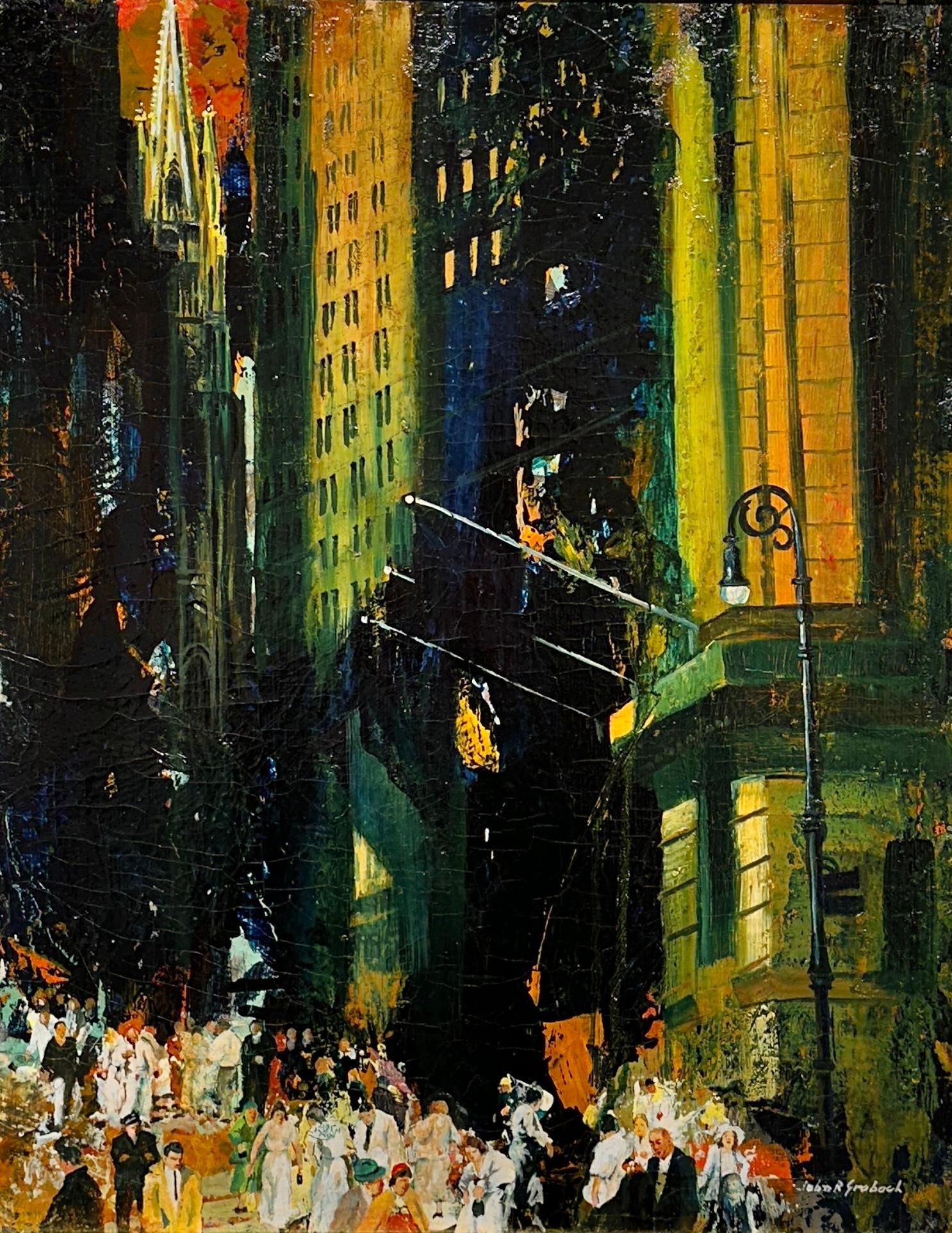 Great Wall Street piece by John R. Grabach (March 2, 1886 – March 17, 1981) with expressive colors and figures.

Grabach was a renowned American painter, best known for his evocative depictions of urban working-class life in New York City and New