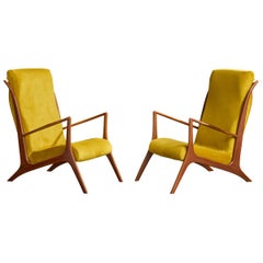 Atribución John Graz, Sillas de salón, Madera, Tela, Brasil, Años 60