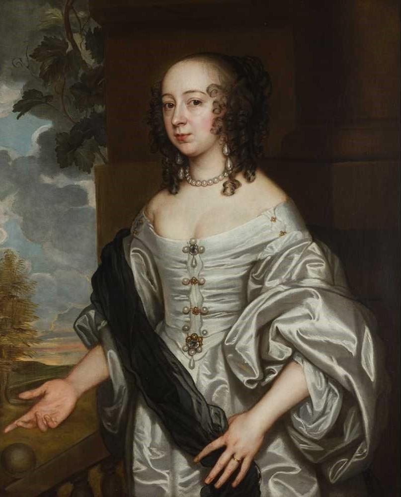 English 17th century portrait of a lady in an ivory silk gown on a terrace - Baroque Painting by John Greenhill