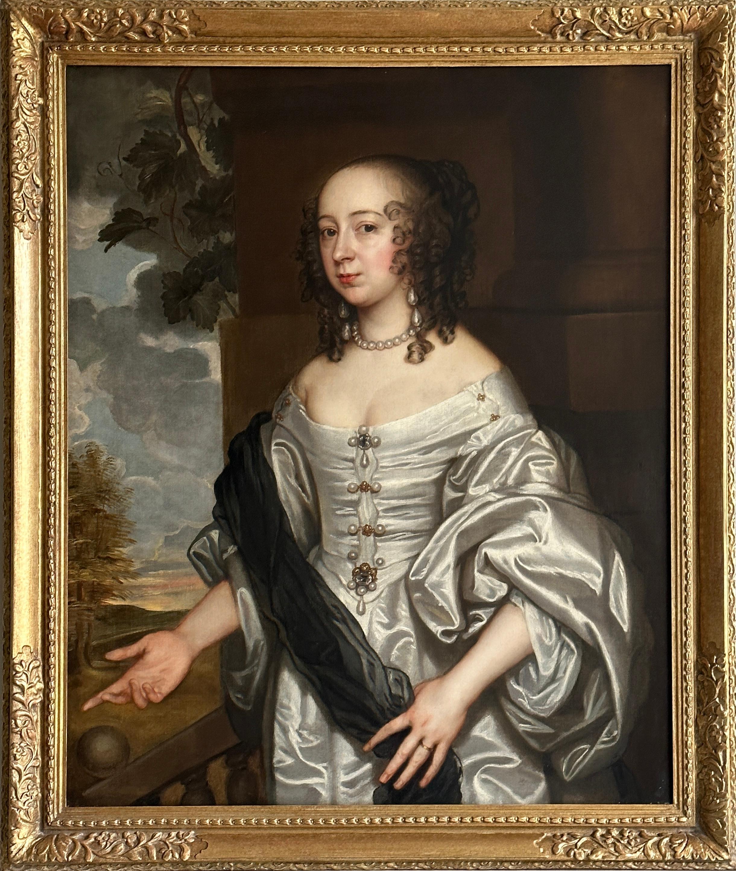 Englisches Porträt einer Dame in einem elfenbeinfarbenen Seidenkleid auf einer Terrasse aus dem 17. Jahrhundert – Painting von John Greenhill
