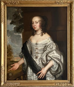 English 17th century portrait of a lady in an ivory silk gown on a terrace