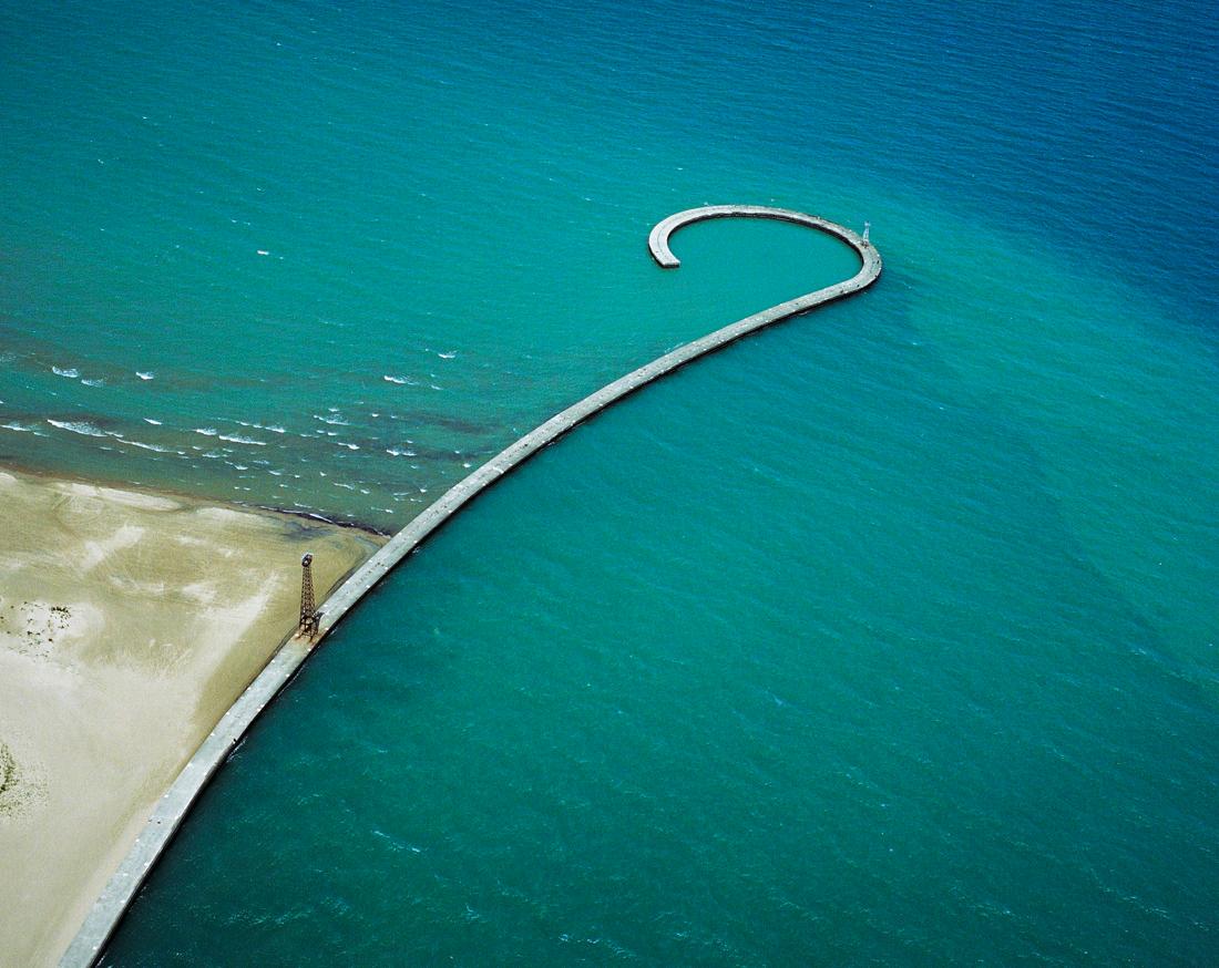Curved Break Wall (Archival Aerial Landscape Photograph of Turquoise Water)