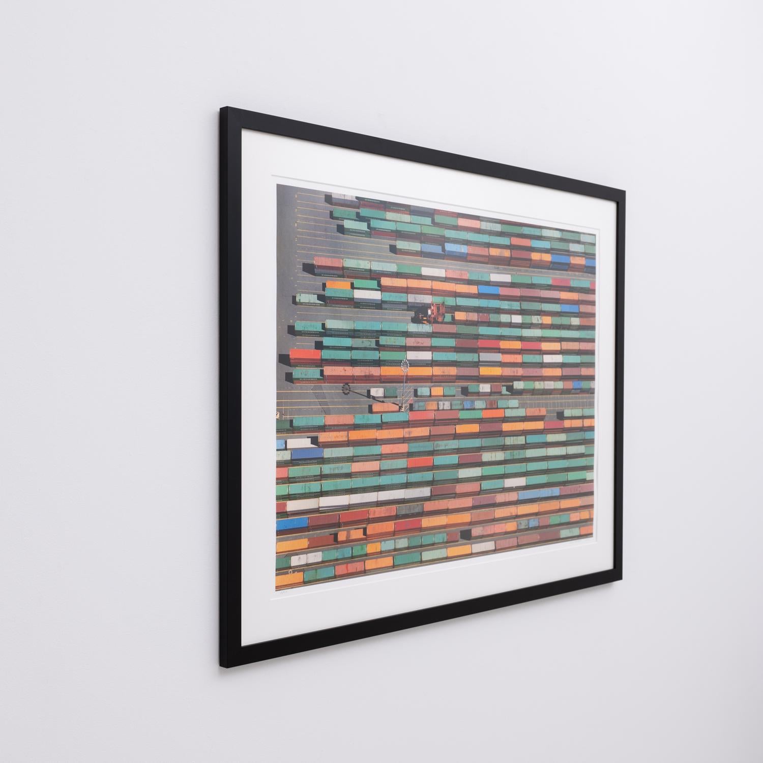 Contemporary aerial landscape photograph of colorful shipping containers, shot from the photographer's plane over the Port of Tacoma, Washington
Archival digital print, edition 4 of 25 (#253)
Image size: 28 x 39 inches
Framed size: 37 x 48.25 x 1