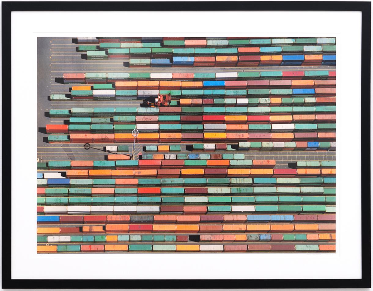 Contemporary aerial landscape photograph of colorful shipping containers, shot from the photographer's plane over the Port of Tacoma, Washington
Archival digital print, edition 4 of 25 (#253)
Image size: 28 x 39 inches
Framed size: 37 x 48.25 x 1