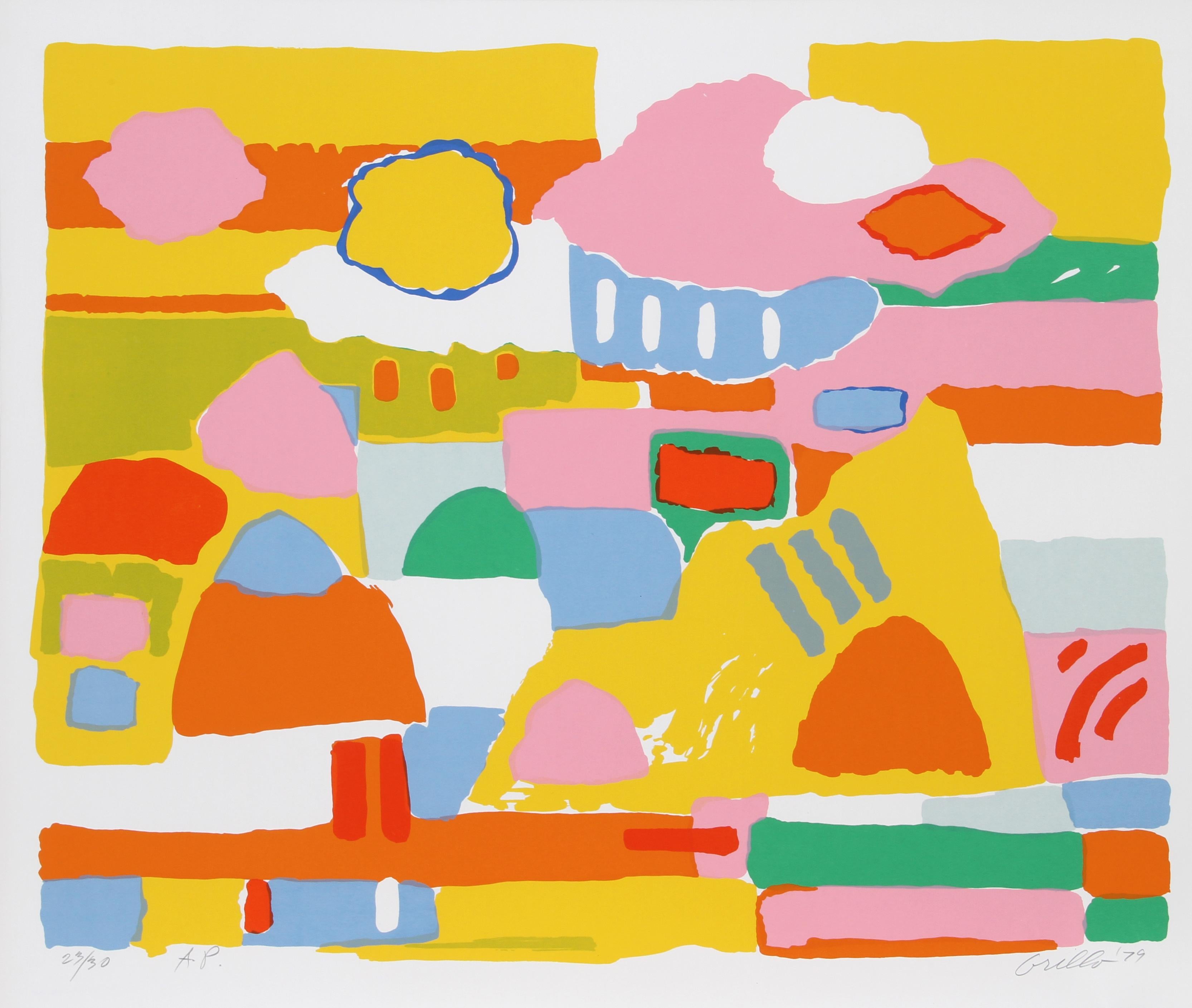 Landscape II, farbenfrohe Landschaft Serigraphie von John Grillo 