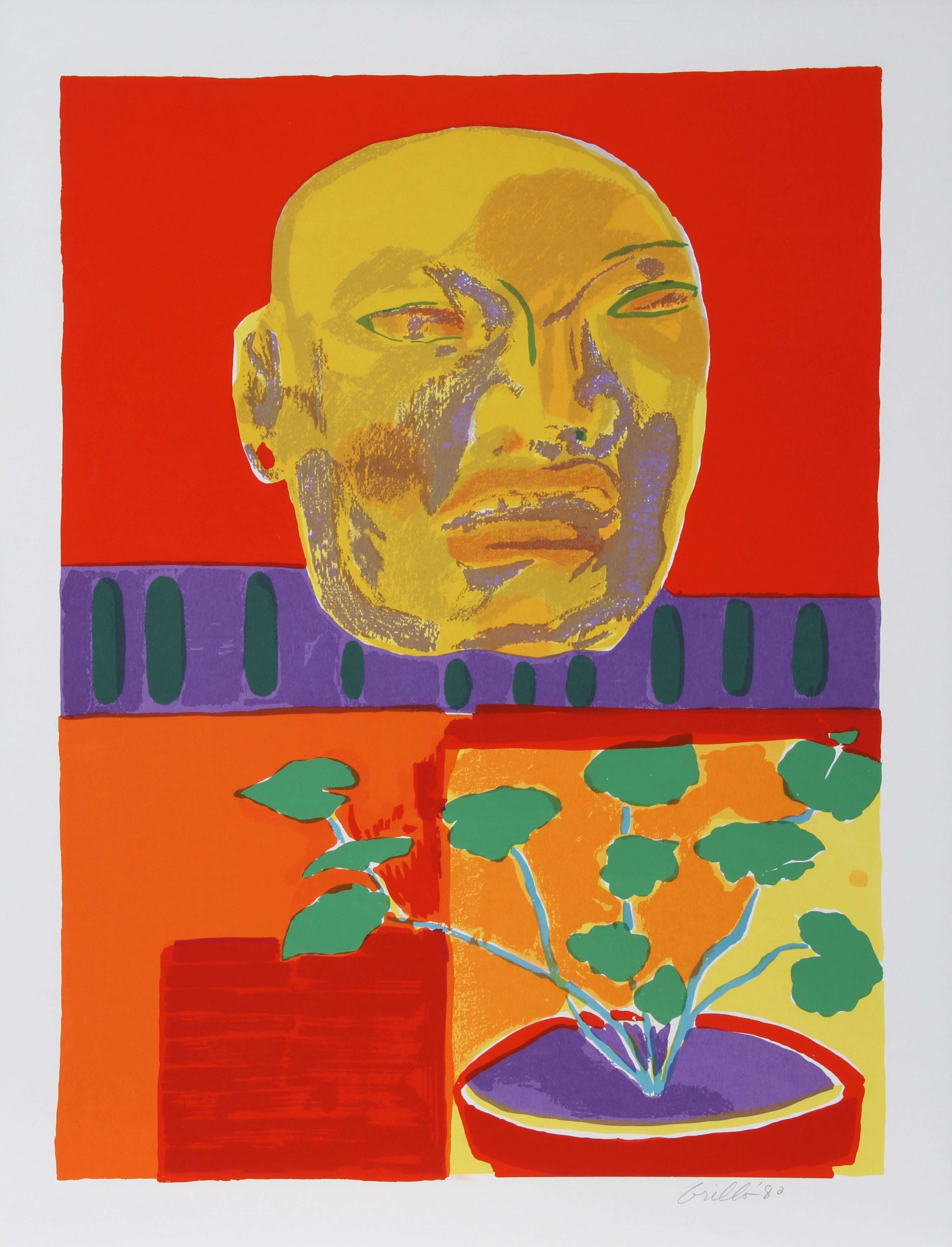 Artist:  John Grillo, American (1917 - 2014)
Title:  Olmec Mask
Year:  1980
Medium:  Serigraph, signed and numbered in pencil
Edition:  200, AP 30
Image Size:  30 x 22.5 inches
Size:  34 in. x 26 in. (86.36 cm x 66.04 cm)