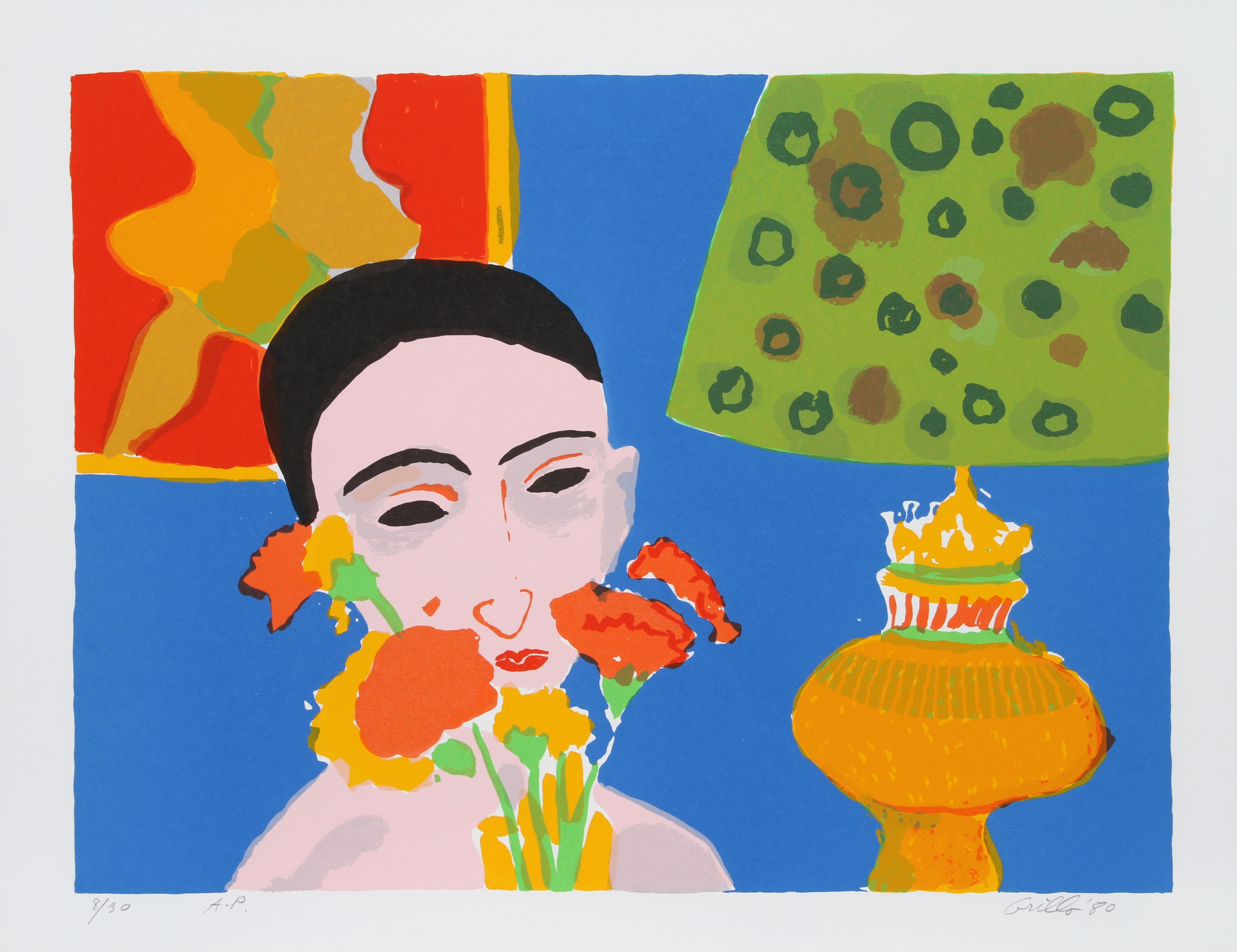 Portrait Print John Grillo - Femme avec des fleurs