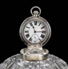 John Grinsell Sons Birmingham Sterling Silver Cut Glass Inkwell Desk Clock, 1903