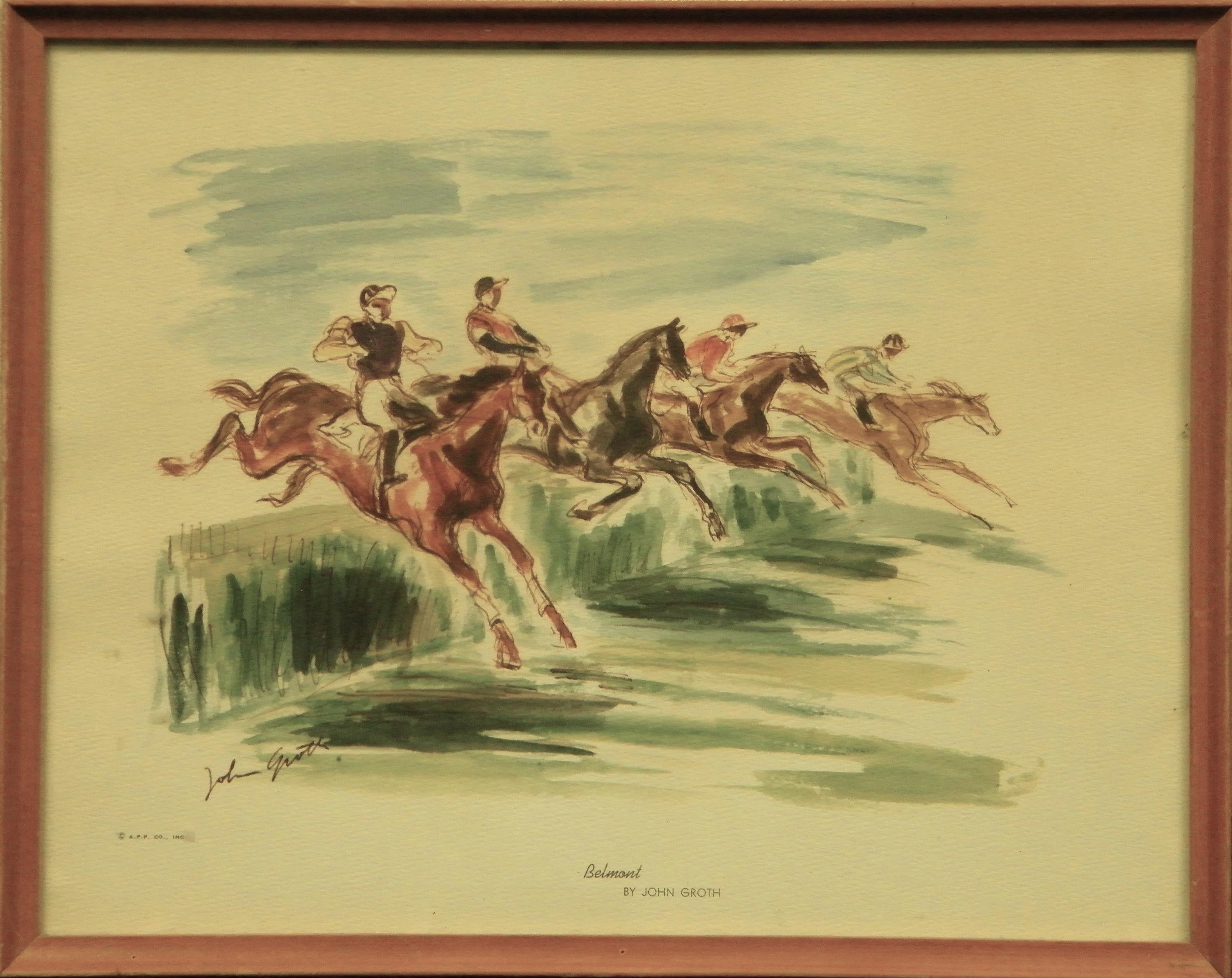 Classic color c1953 lithograph of four steeplechasers at 'Belmont Park' by John Groth (1908-1988)

Published by: Argosy Picture Publishing Co.

Print Sz: 10 5/8"H x 13 5/8"W

Frame Sz: 12"H x 15"W