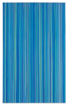 "Heart Fog" Contemporary Striped Painting in Blue and Green 