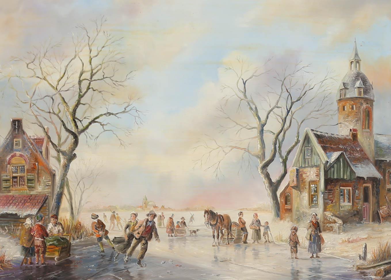 A charming oil painting by Dutch artist John Haanstra (b.1940), showing a winter landscape with competent village skaters enjoy some seasonal fun on a large expanse of frozen river. The artist has signed to the lower right-hand corner, and the