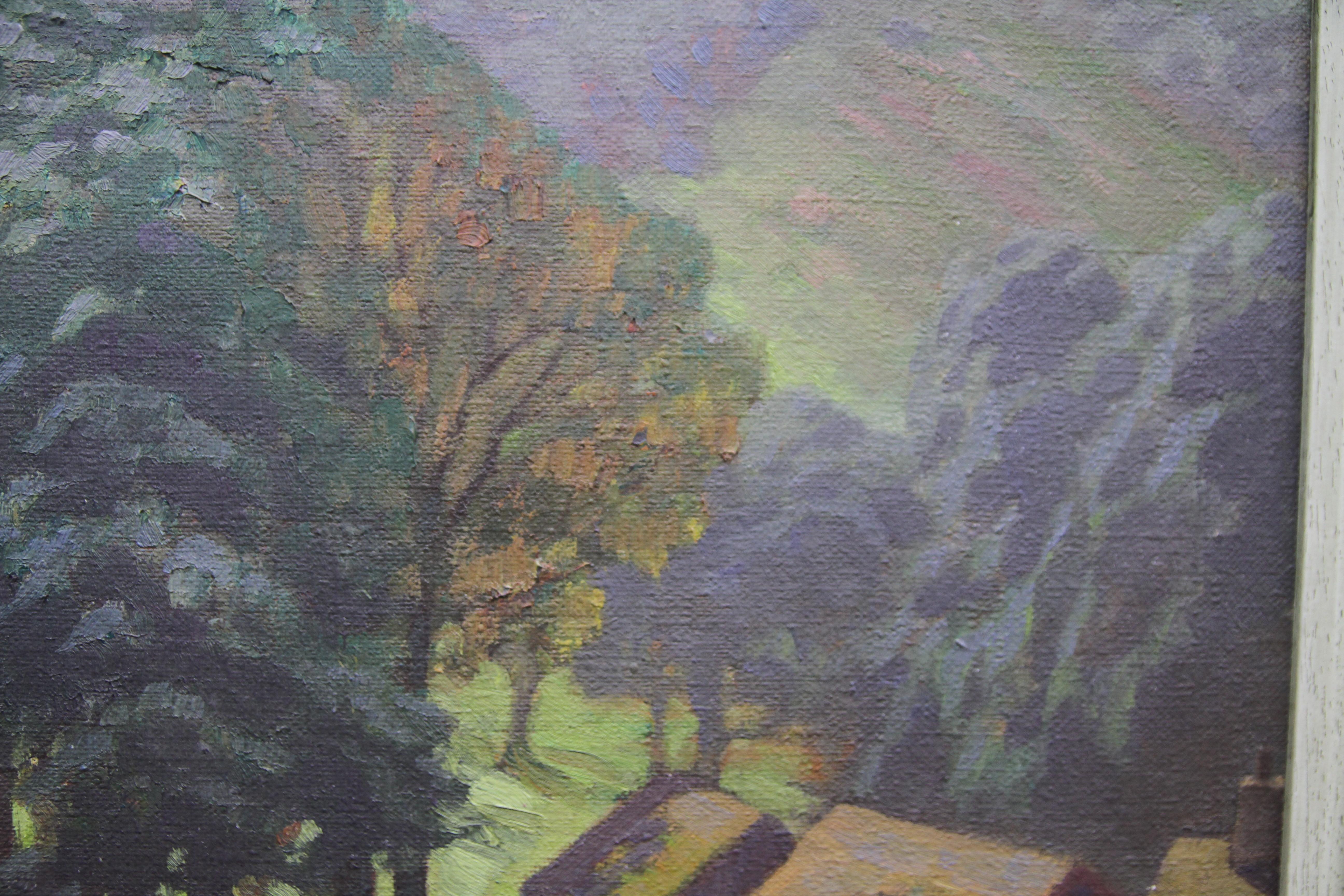 Lake District - British art 30s Post Impressionist summer landscape oil painting - Black Landscape Painting by John Haggis