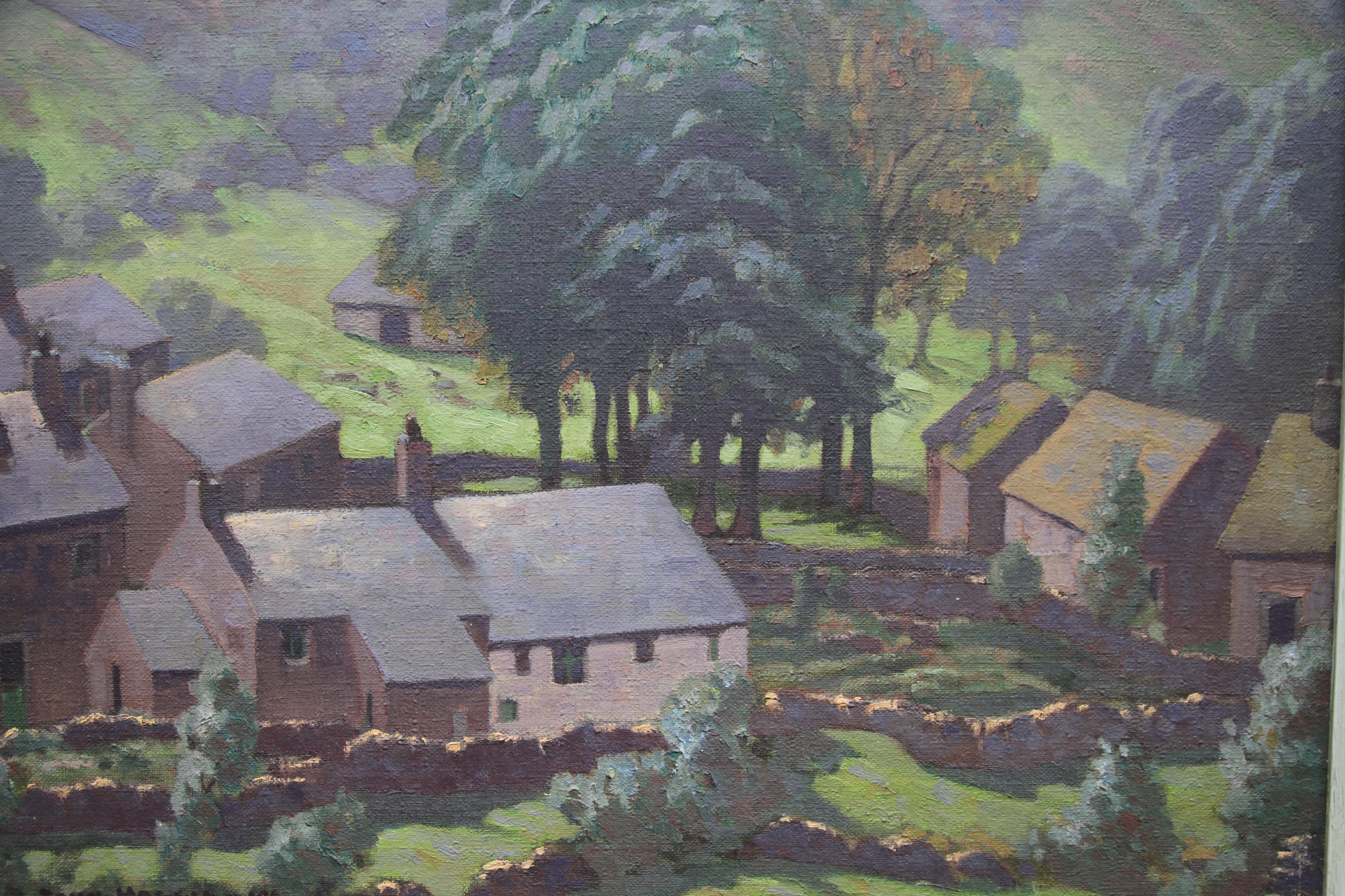 A superb post impressionist oil painting by British artist John Haggis. The work depicts a view of the lake district, looking down  into a valley, onto a farm, out buildings, dry stone walls, trees and fields. Even though one can't see the sky, one