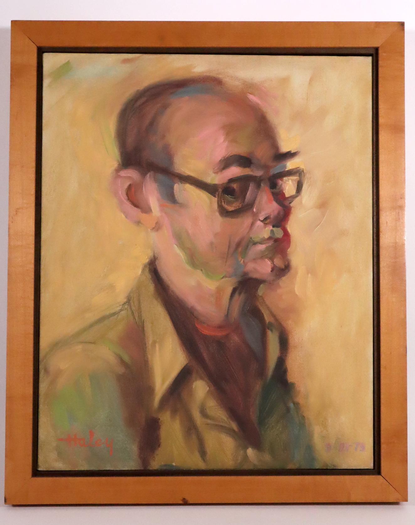 Self Portrait by John Charles Haley (American, 1905-1991).  Oil on canvas, signed lower left and dated 9-21-79 lower right.  In excellent condition.  Framed.  
Exhibited: 
George Krevsky Gallery, San Francisco, exhibition label