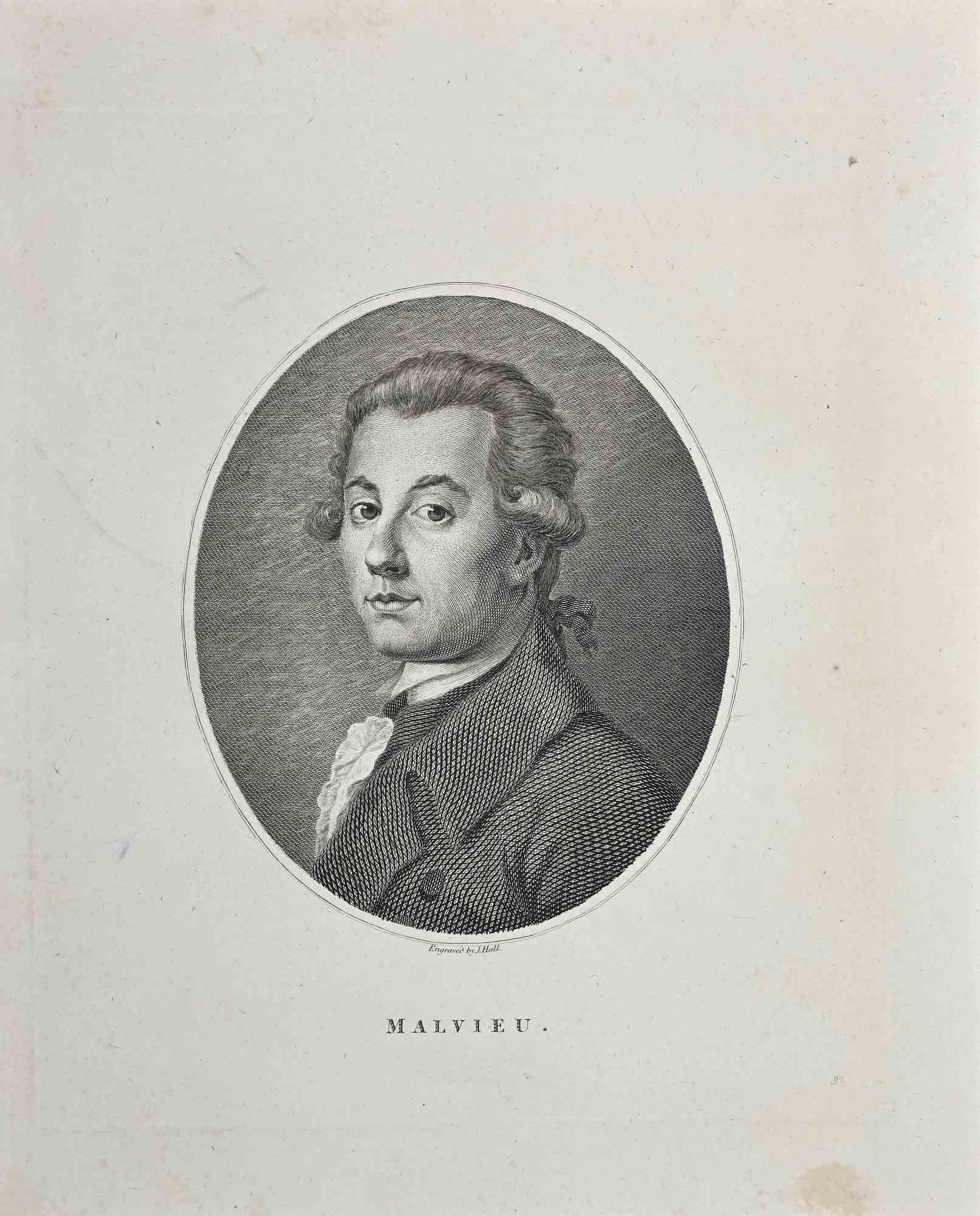 Portrait of Malvieu is an original artwork realized after John Hall (1737 - 1797).

Original Etching from J.C. Lavater's "Essays on Physiognomy, Designed to promote the Knowledge and the Love of Mankind", London, Bensley, 1810. 

A the bottom center