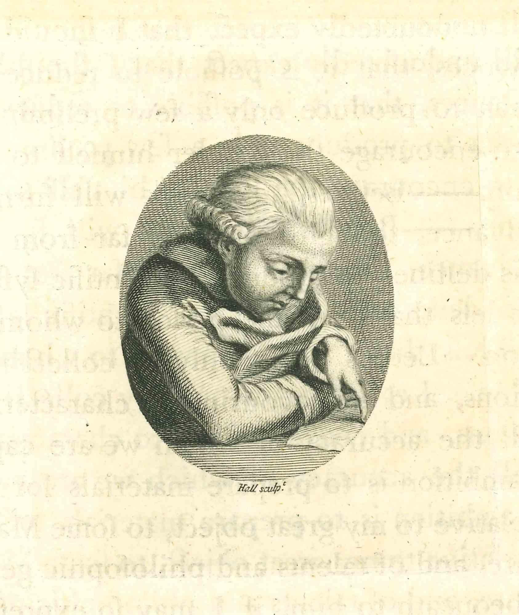 Portrait of Man While Reading is an original artwork realized by John Hall for Johann Caspar Lavater's "Essays on Physiognomy, Designed to promote the Knowledge and the Love of Mankind", London, Bensley, 1810. 

This artwork portrays a historical