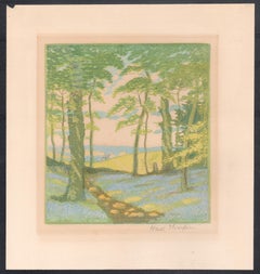 Bluebell Wood, John Hall Thorpe colour woodcut, c1920