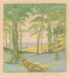 Bluebell Wood, John Hall Thorpe colour woodcut, c1920