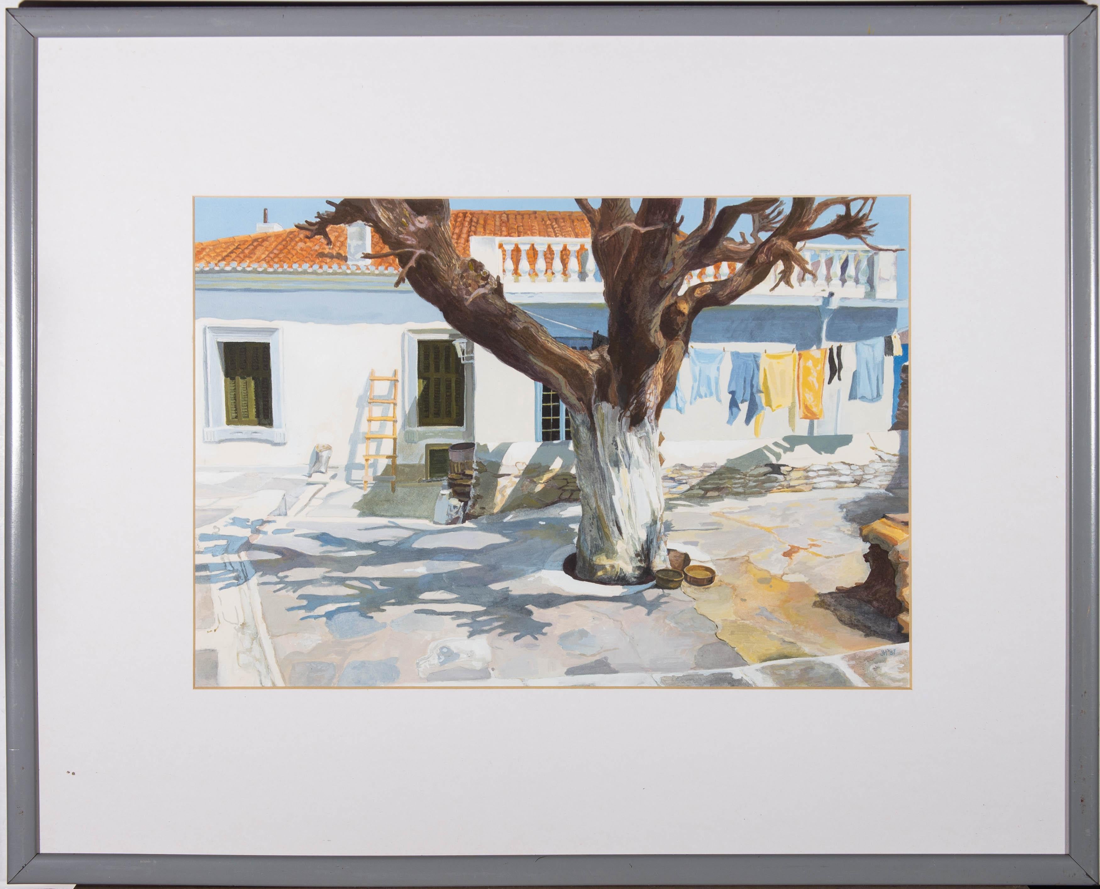 This delightful study depicts a paved courtyard on a sunny day. A tree in the centre of the courtyard casts a gentle shadow over the scene where washing hung out to dry and a step ladder leans against a wall. Signed and dated to the lower right. On