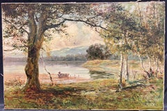 Raffinato dipinto a olio scozzese vittoriano con figure in un paesaggio di Loch delle Highlands, firmato