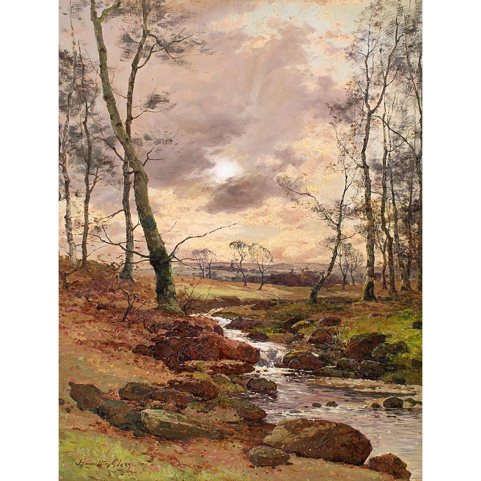 This early 20th-century oil painting by Scottish artist John Hamilton Glass SSA (1870-1955) depicts a rugged Scottish landscape with a winding river.

John Hamilton Glass SSA (1864-1940) was primarily known for his depictions of rugged scenery in a