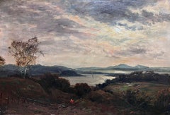 Pintura al óleo escocesa victoriana firmada Escena atmosférica de un lago al anochecer