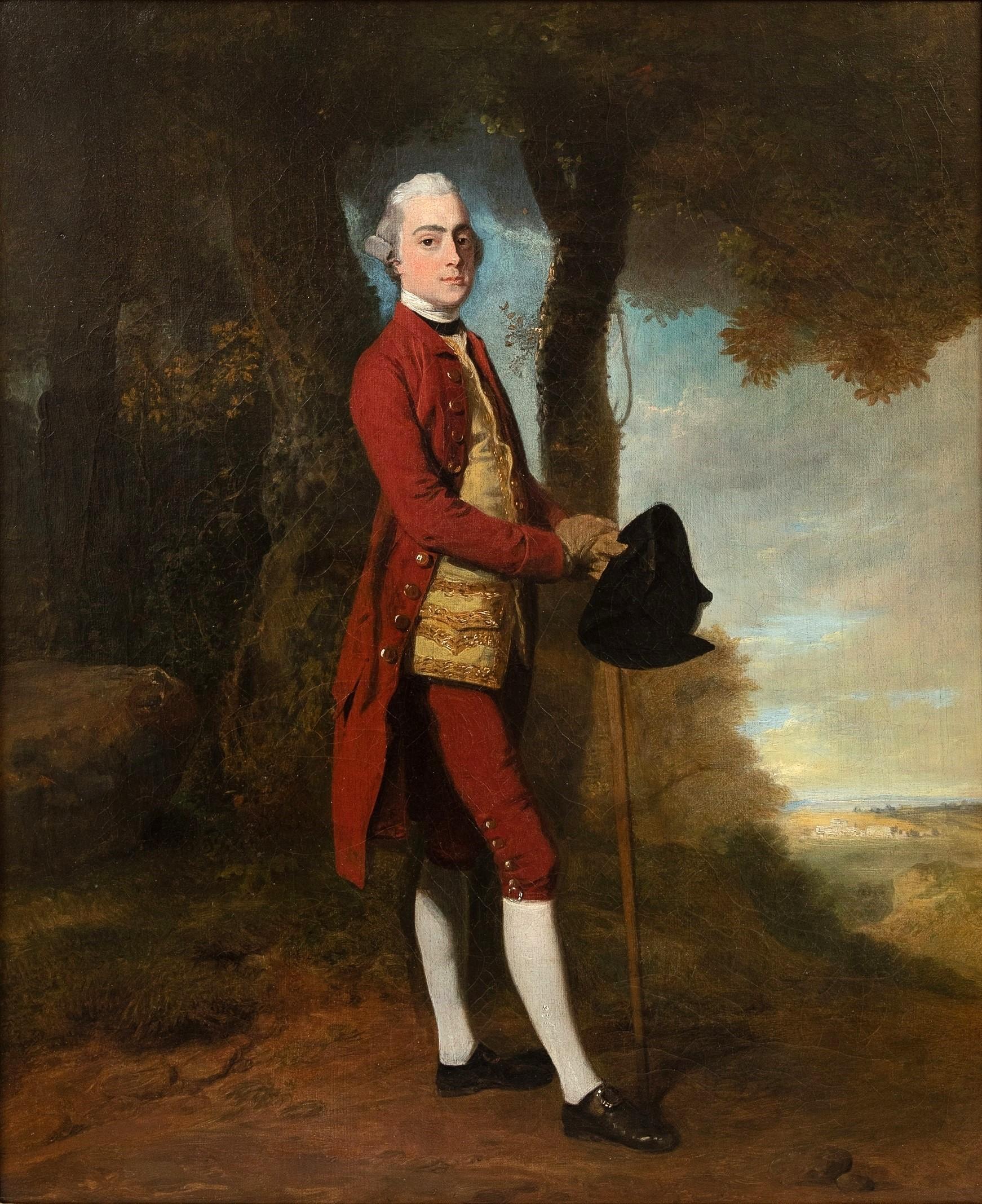 An English 18th century portrait of James Stanley, standing in a landscape - Painting by John Hamilton Mortimer