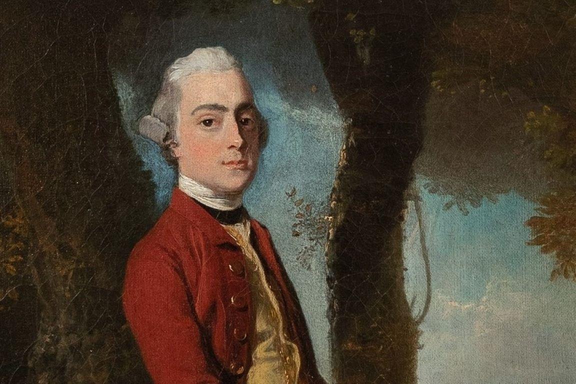 Ein englisches Porträt von James Stanley aus dem 18. Jahrhundert, der in einer Landschaft (Englische Schule), Painting, von John Hamilton Mortimer