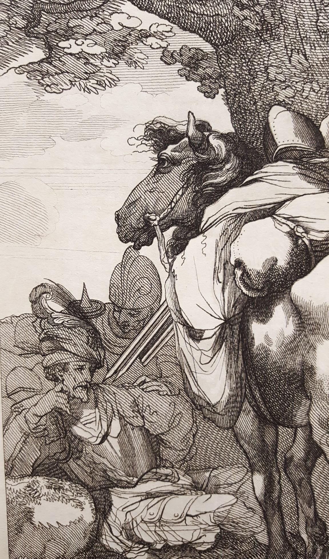 Cheval de bât et soldats /// Antique British Victorian Etching Figurative Animal - Gris Animal Print par John Hamilton Mortimer