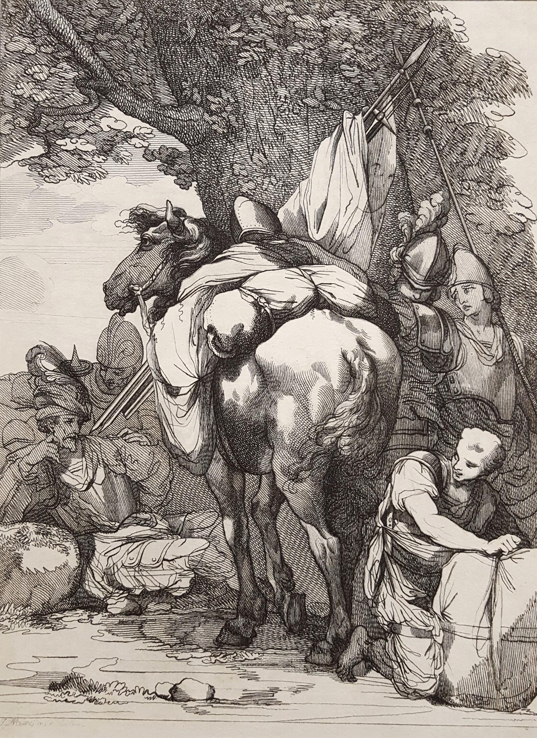 Animal Print John Hamilton Mortimer - Cheval de bât et soldats /// Antique British Victorian Etching Figurative Animal