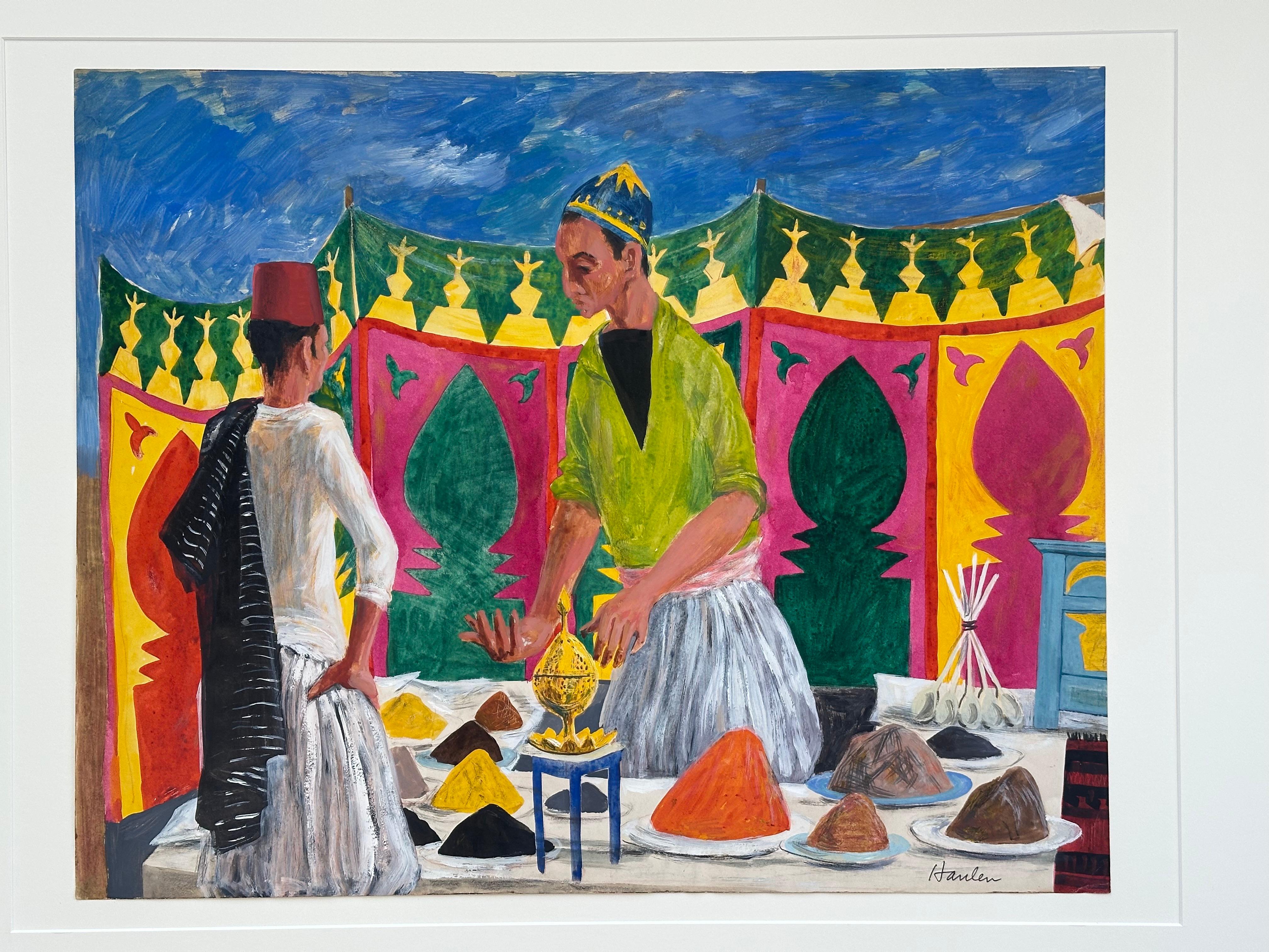 Marché aux épices, Marrakech Maroc - Painting de John Hanlen 