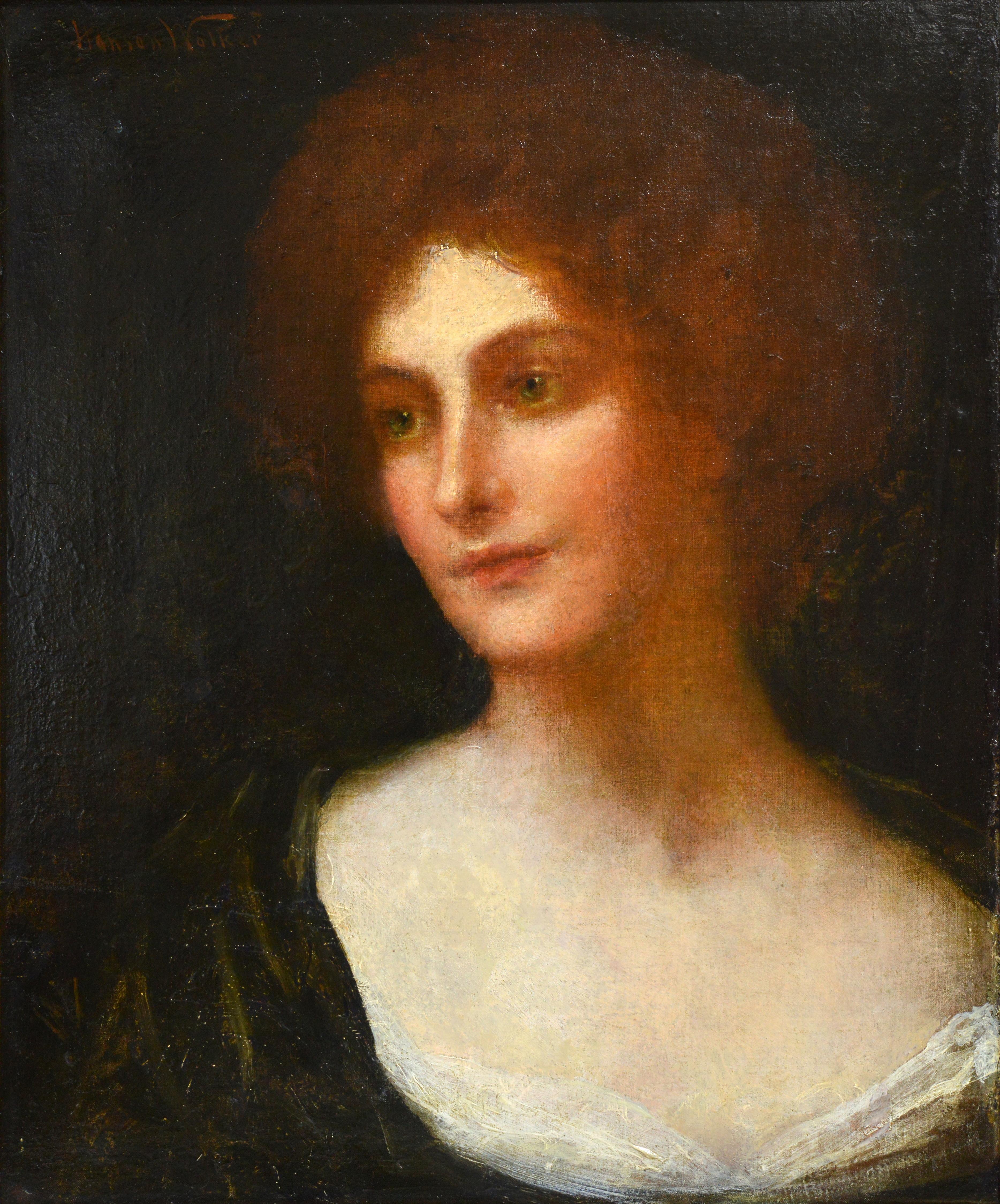Portrait of Redhaired Lady with Emerald Eyes 19th century British Oil Painting - Brown Portrait Painting by John Hanson Walker