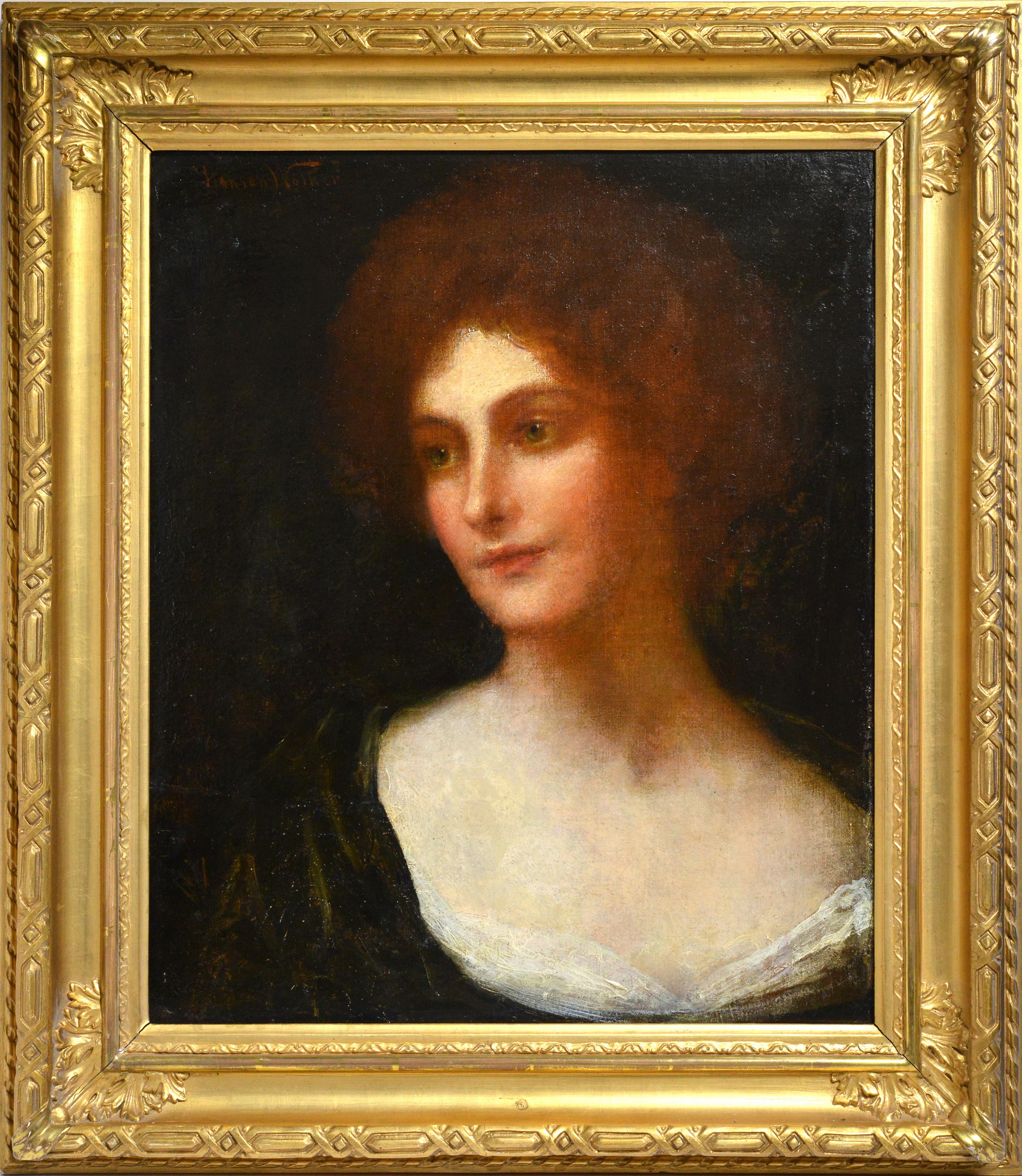 John Hanson Walker Portrait Painting – Porträt einer rothaarigen Dame mit Smaragdaugen, britisches Ölgemälde des 19. Jahrhunderts